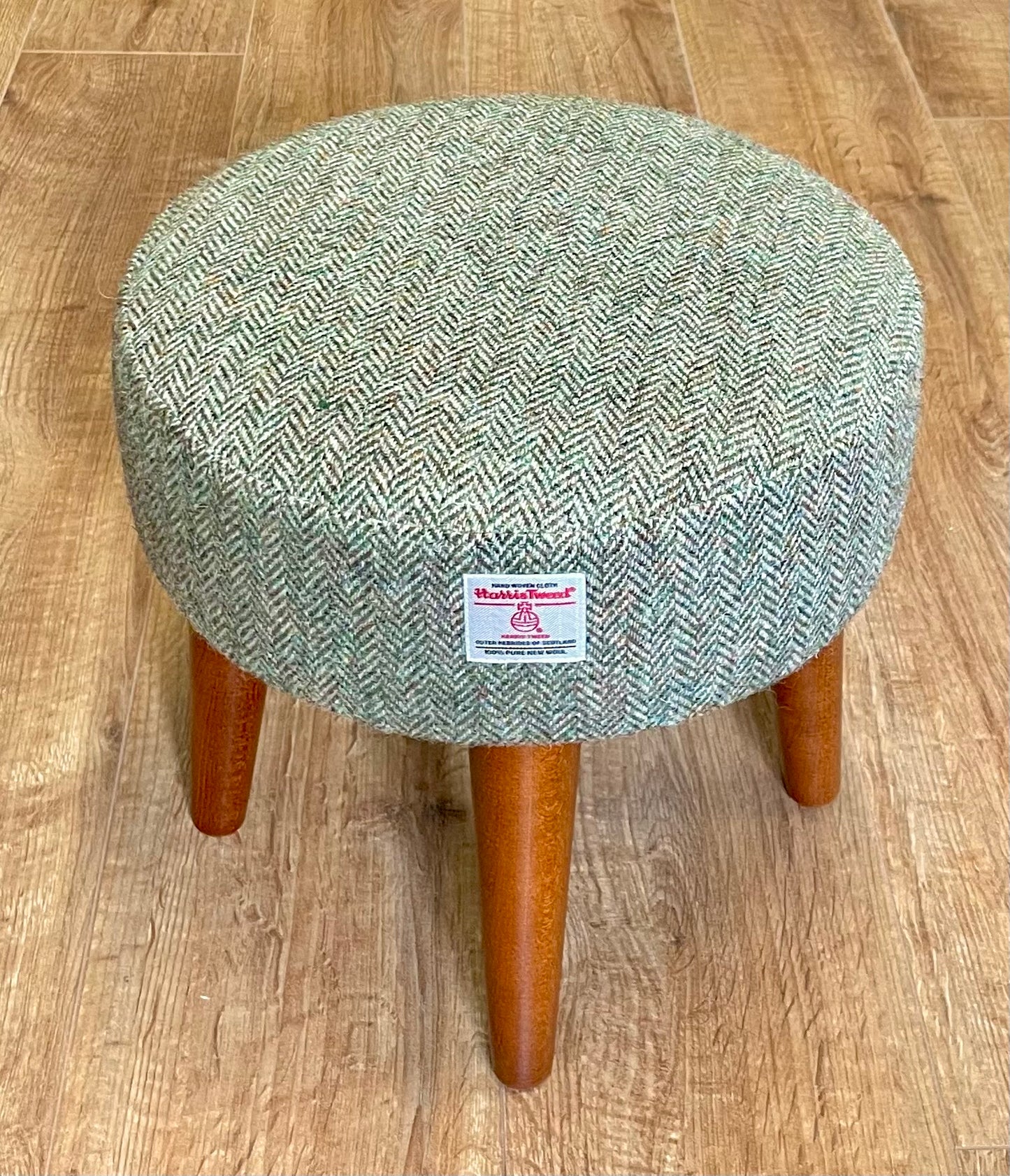 Light Brown Green Harris Tweed Footstool with Dark Varnished Wooden Legs