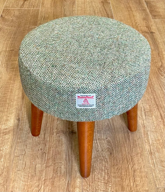 Light Brown Green Harris Tweed Footstool with Dark Varnished Wooden Legs