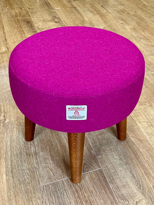 Fuchsia Harris Tweed Footstool with Dark Varnished Wooden Legs