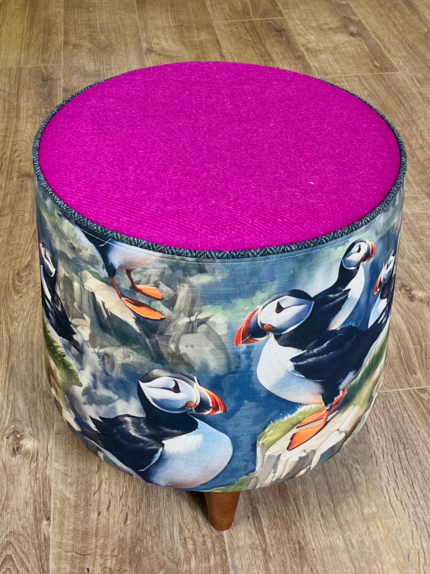 Puffin Linen & Fuchsia Harris Tweed Chunky Footstool with Charcoal Piping Detail