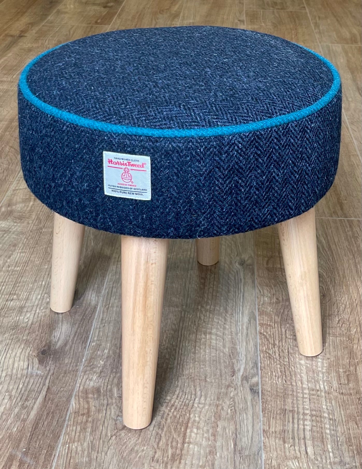 Navy Harris Tweed Footstool with Teal Piping and Varnished Wooden Legs