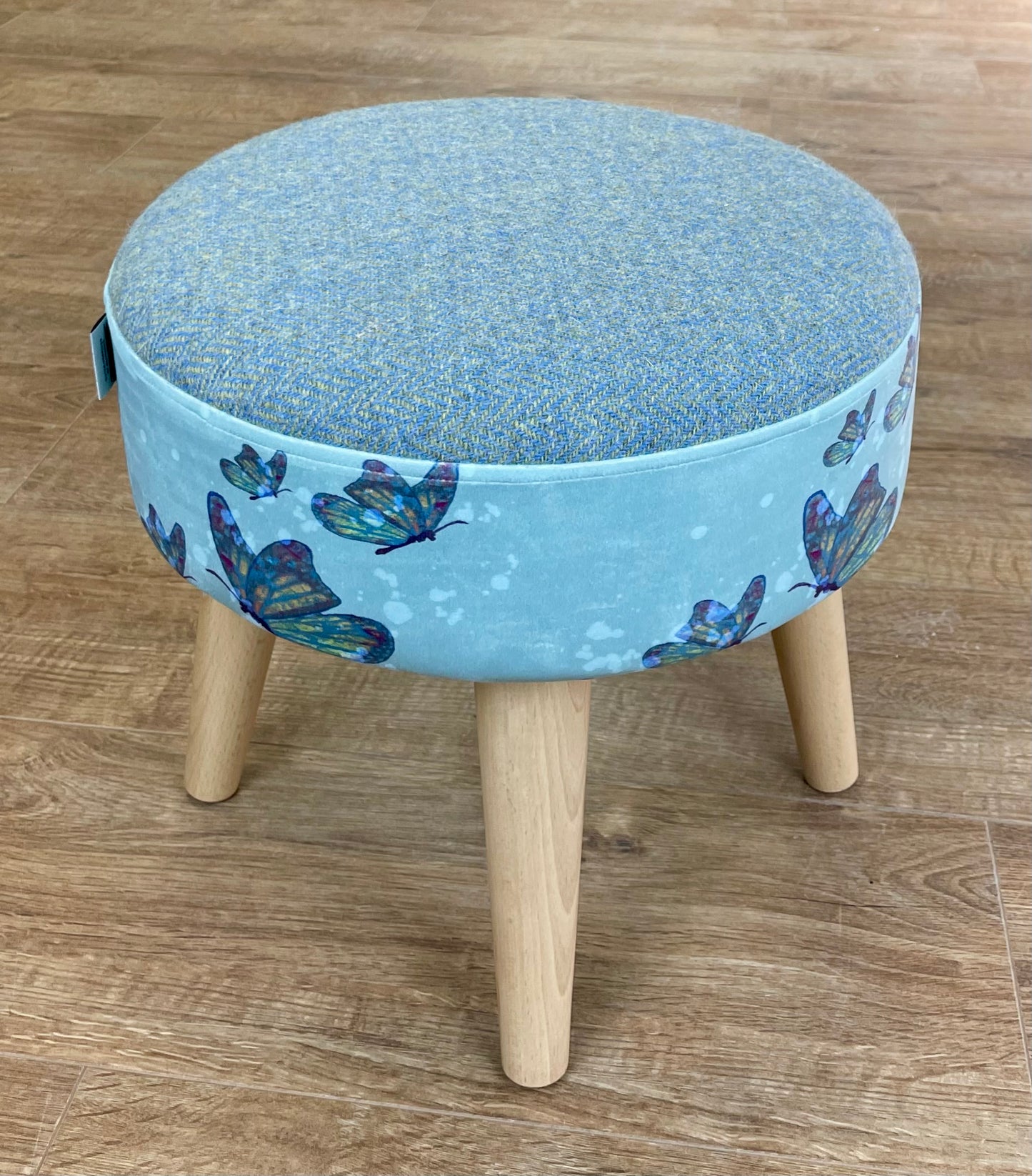 Butterflies in Rain Velvet and Harris Tweed Small Footstool