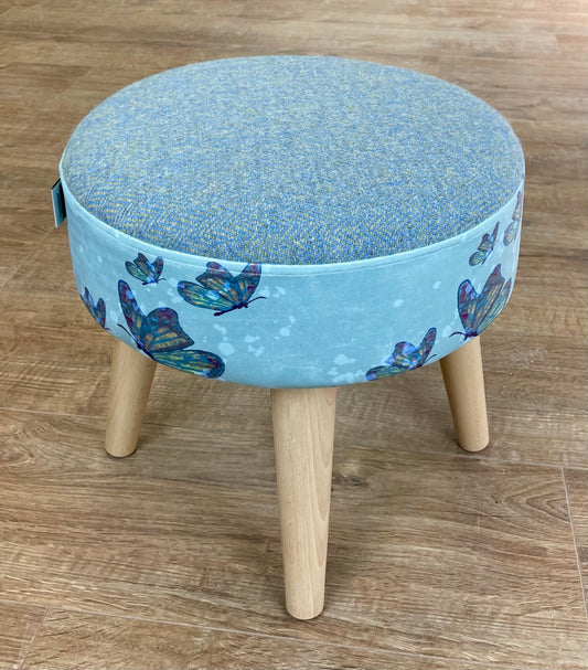 Butterflies in Rain Velvet and Harris Tweed Small Footstool