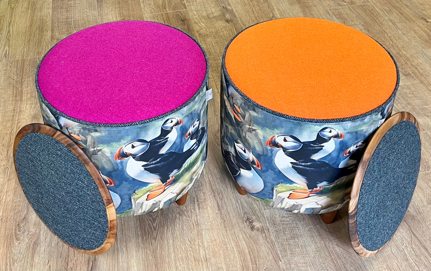 Puffin Linen & Orange Harris Tweed Chunky Table Footstool with Charcoal Piping Detail