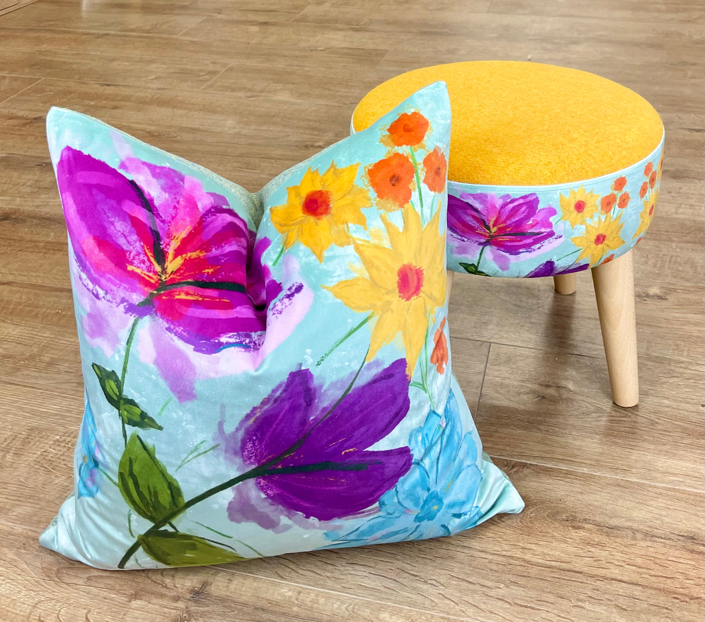 Spring Time Velvet and Yellow Harris Tweed Small Footstool