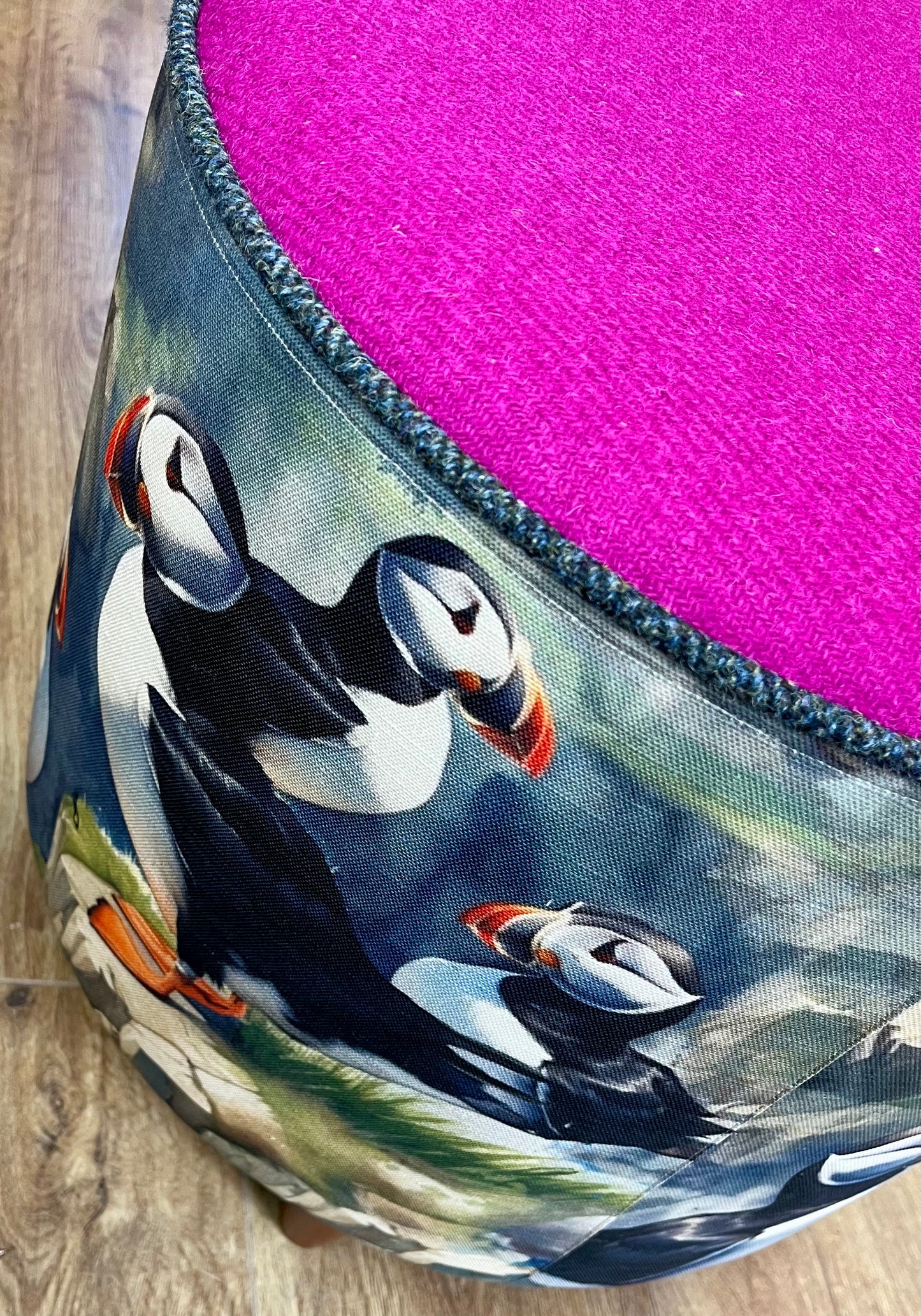 Puffin Linen & Fuchsia Harris Tweed Chunky Footstool with Charcoal Piping Detail