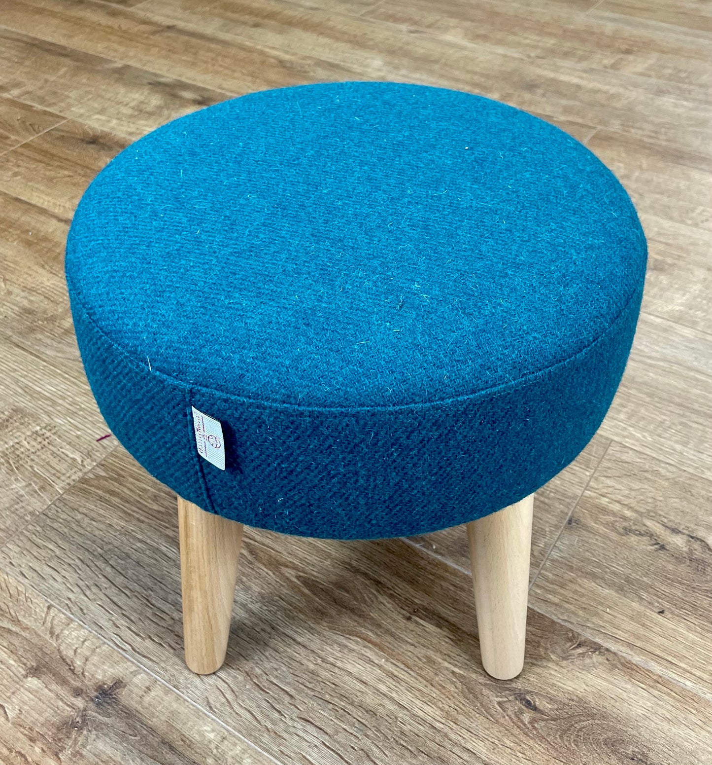 Small Teal Harris Tweed Footstool with Varnished Wooden Legs