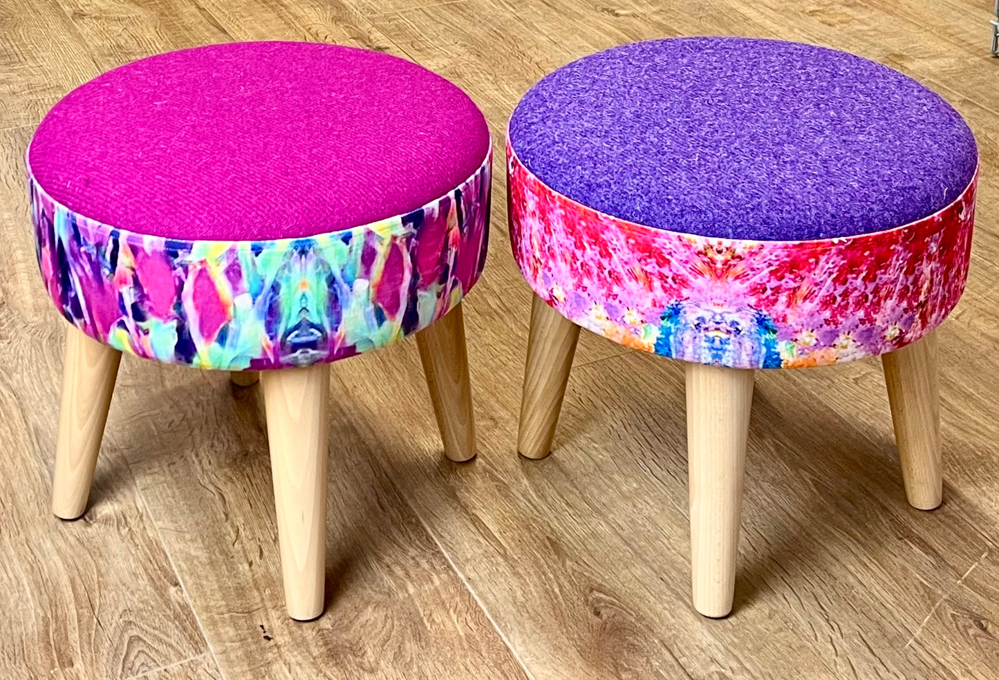 Paint Spray Velvet and Purple Harris Tweed Small Footstool