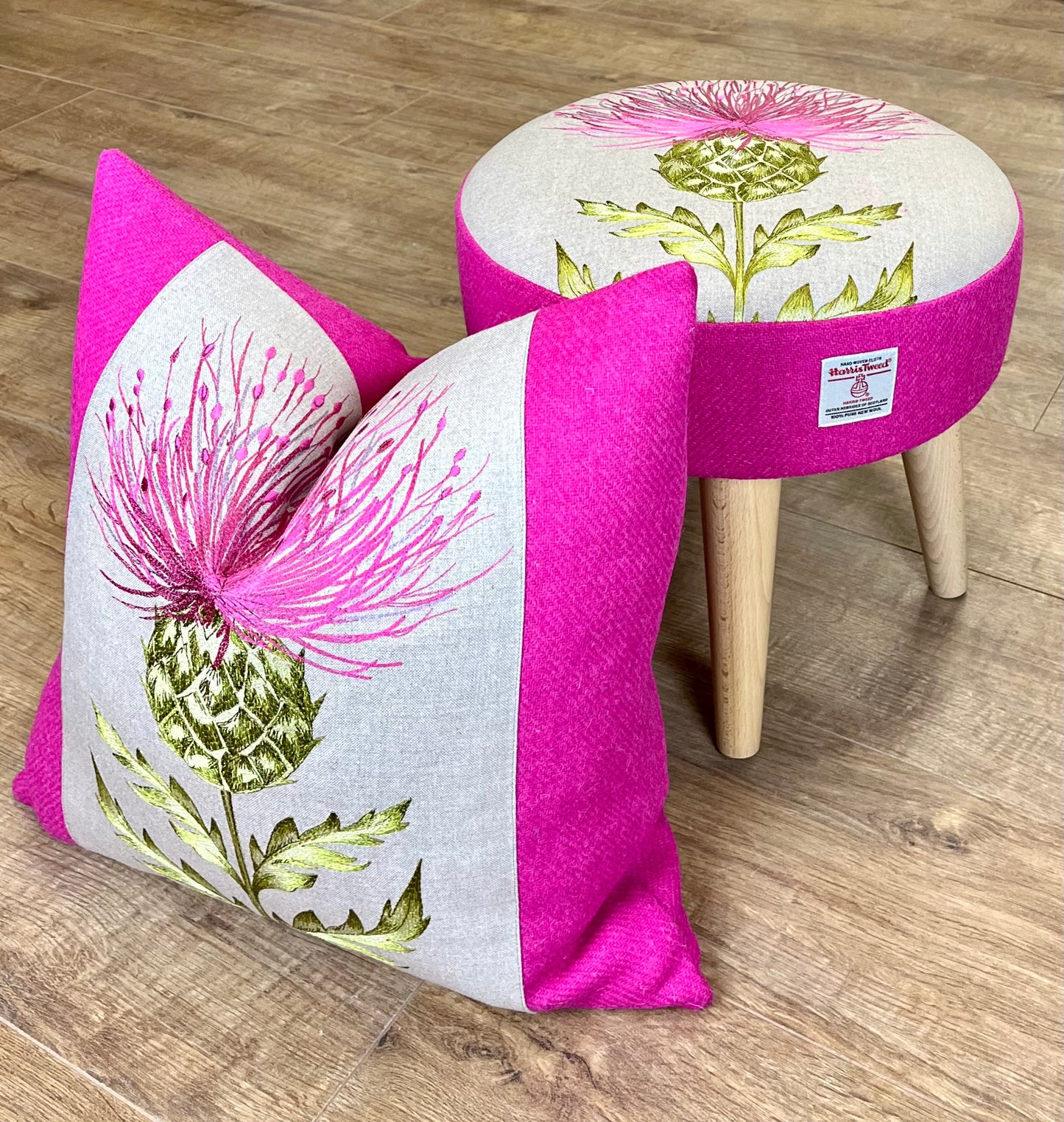 Vibrant Pink Embroidered Thistle and Harris Tweed Cushion 18”