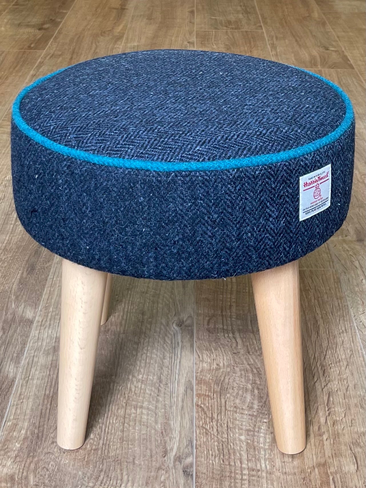 Navy Harris Tweed Footstool with Teal Piping and Varnished Wooden Legs