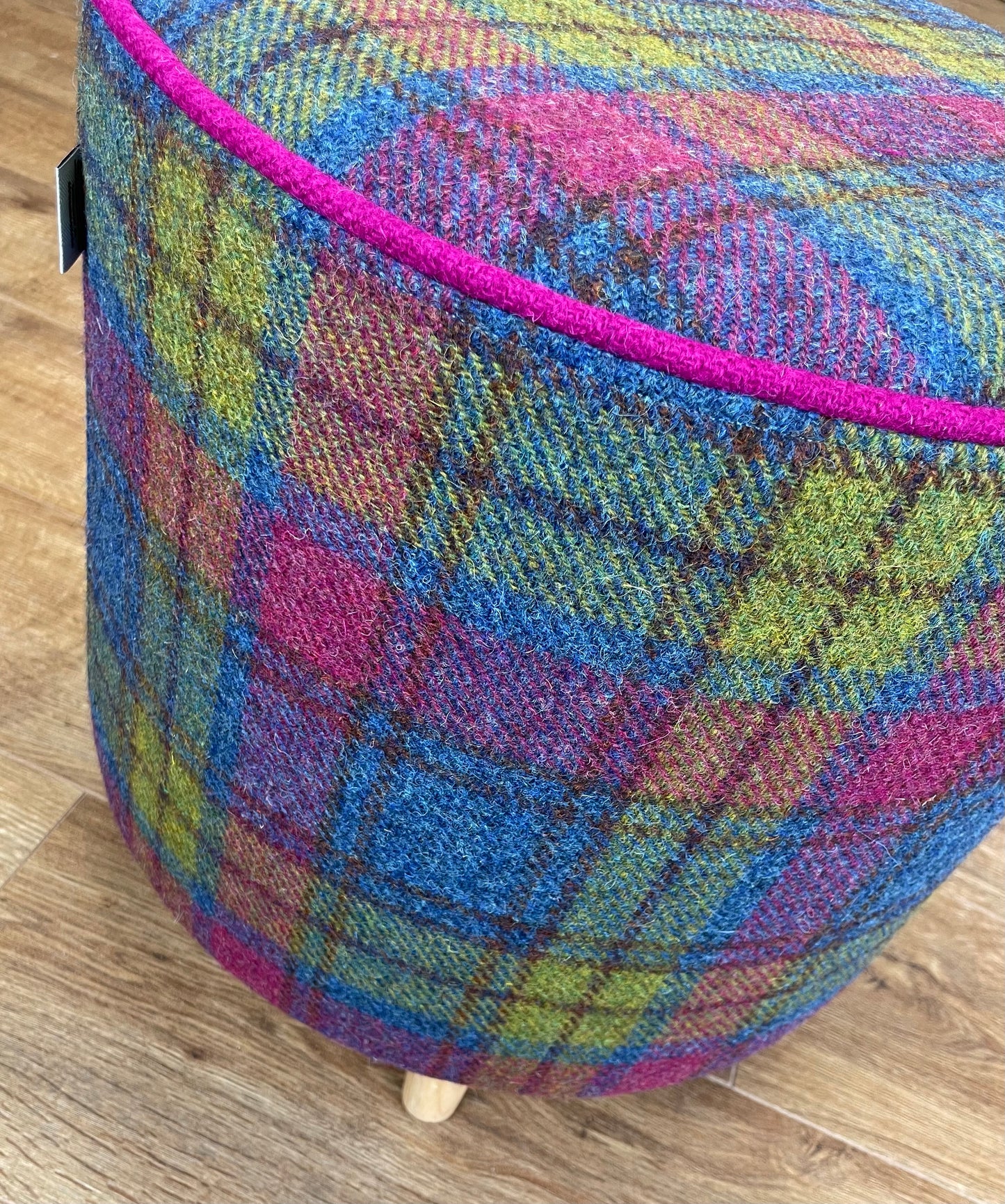 Colourful Harris Tweed Chunky Footstool with Fuchsia Piping Detail