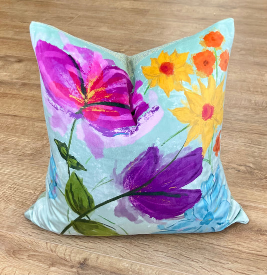 Spring Time Velvet and Light Green Harris Tweed Cushion 20”