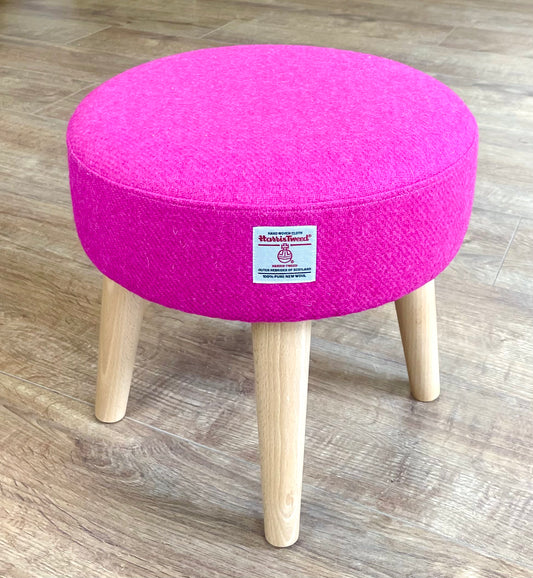 Bright Pink Harris Tweed Footstool with Varnished Wooden Legs