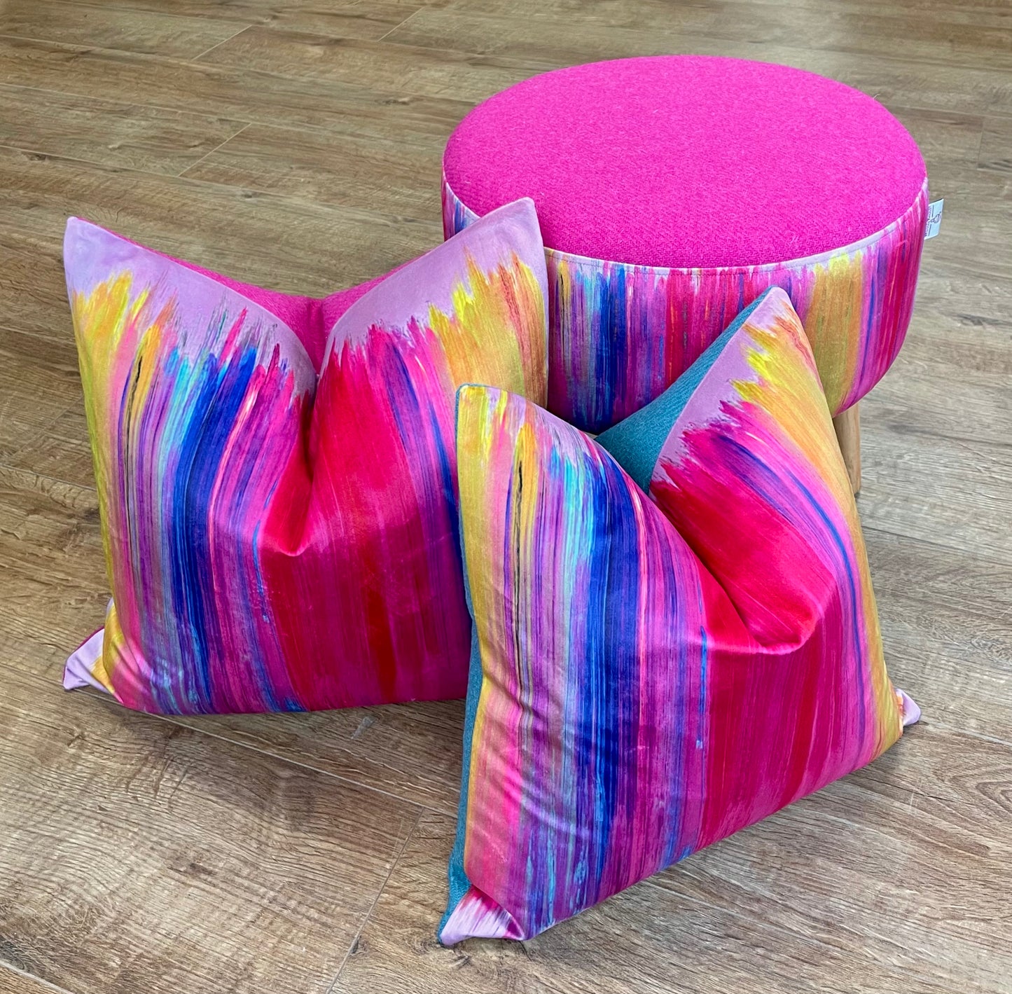 Paint Strokes Velvet and Pink Harris Tweed Cushion, Handmade, 18”