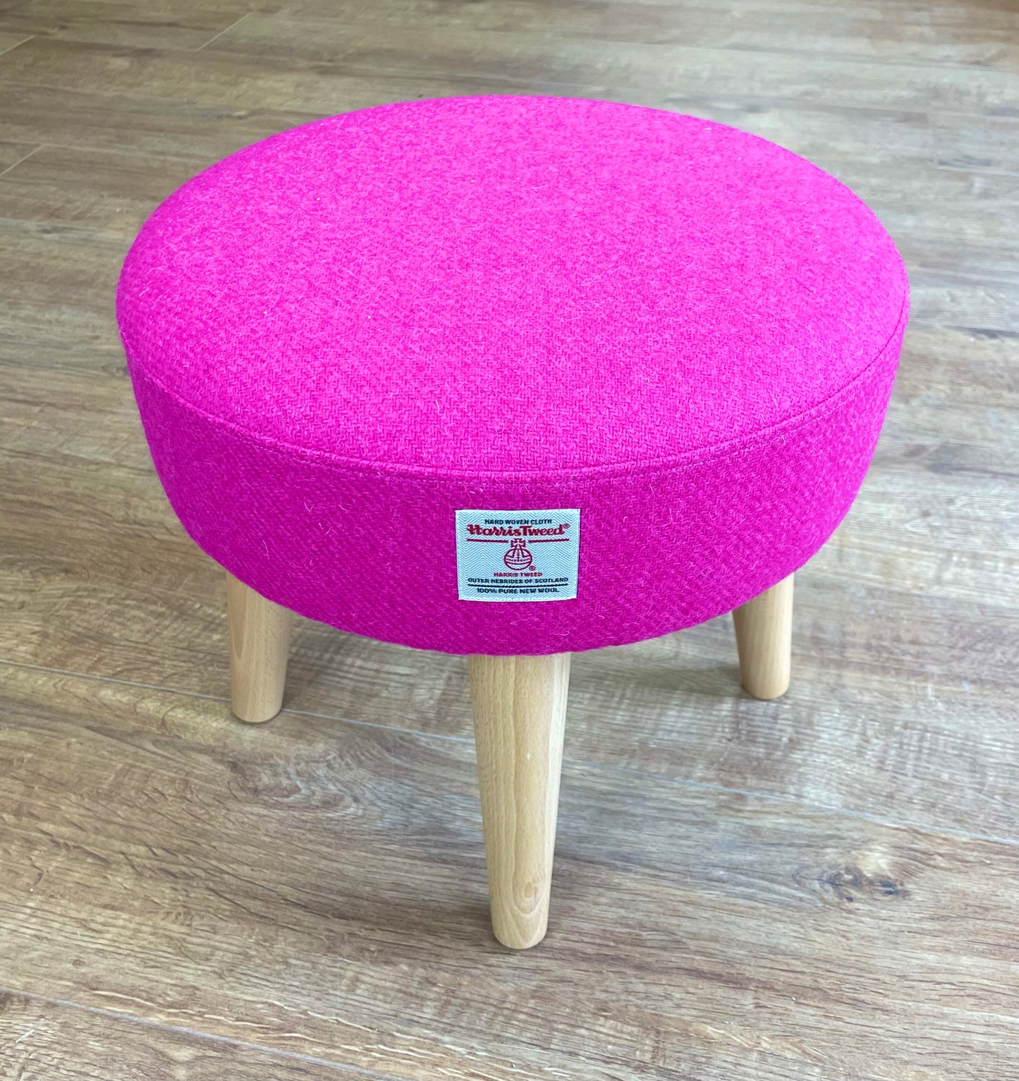 Bright Pink Harris Tweed Footstool with Varnished Wooden Legs