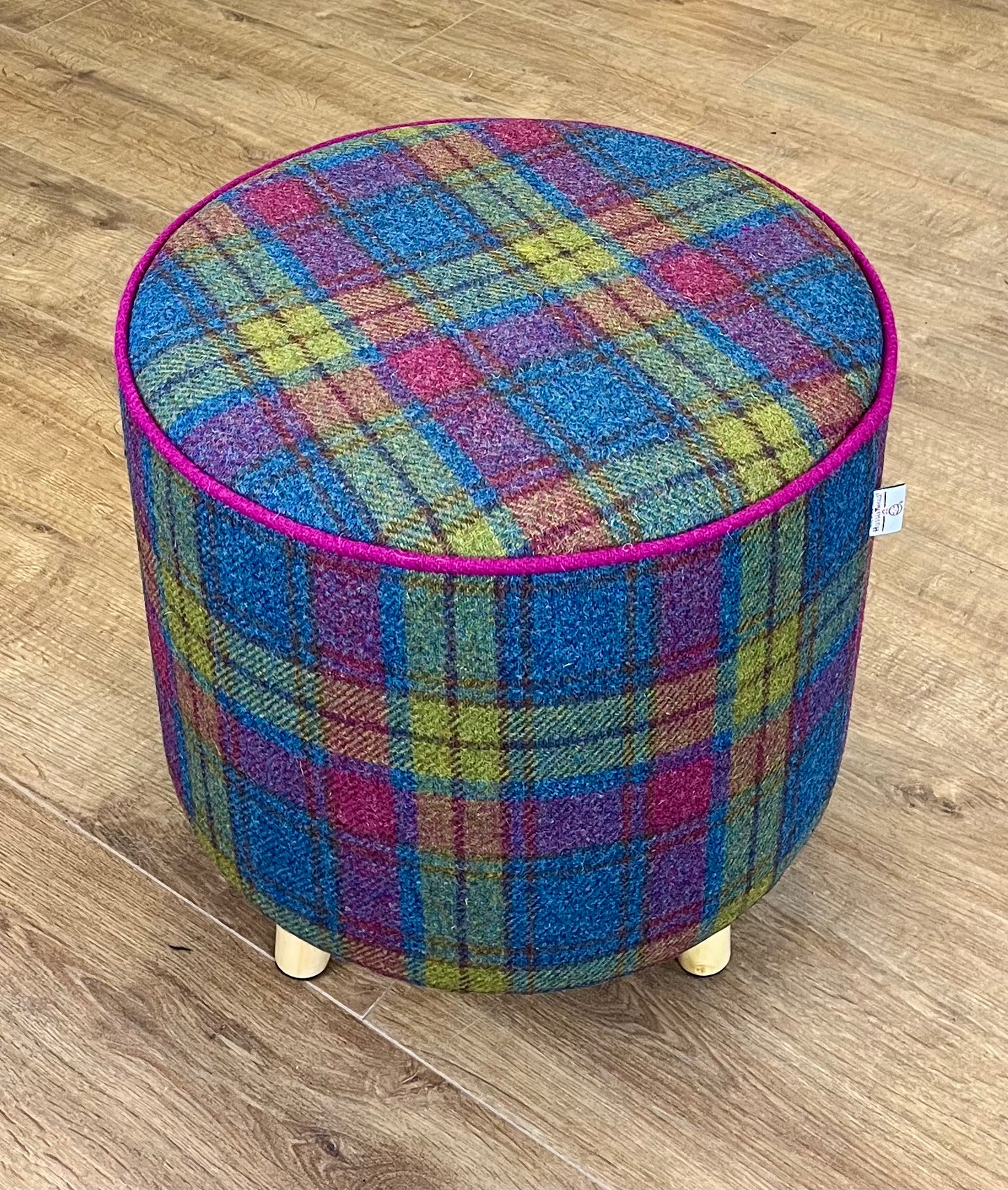 Colourful Harris Tweed Chunky Footstool with Fuchsia Piping Detail