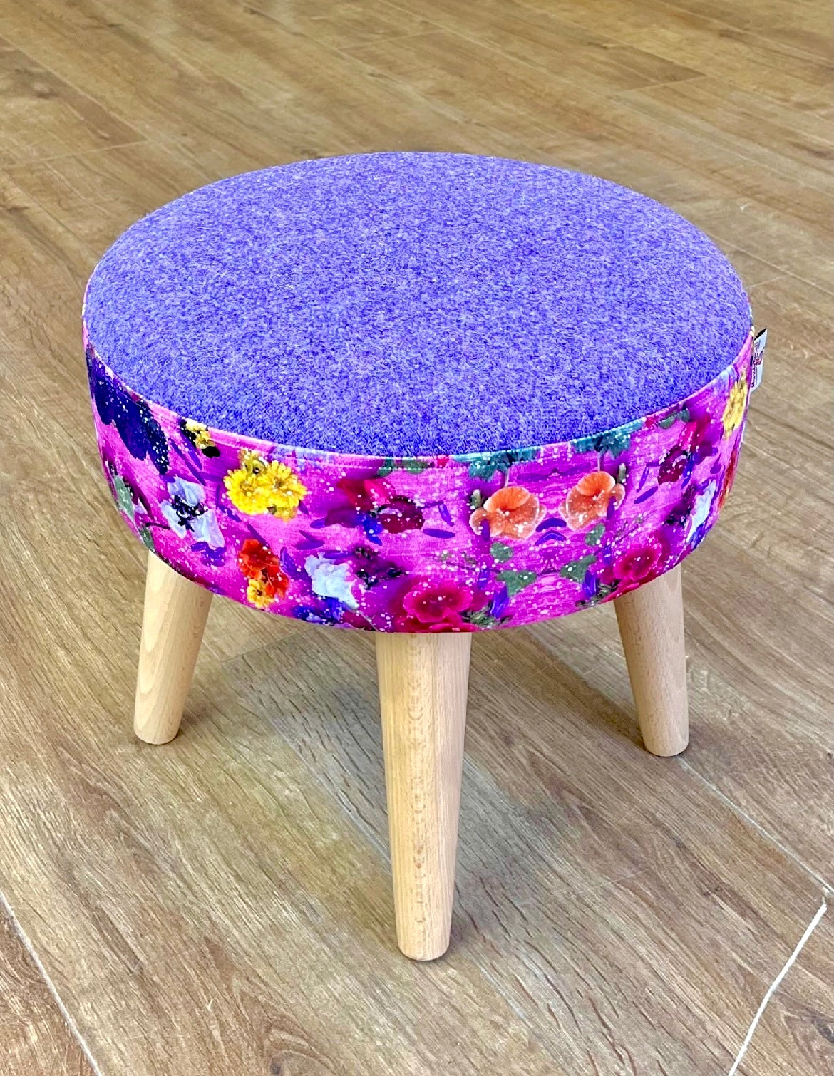 Pink Floral Velvet and Lilac Harris Tweed Small Footstool