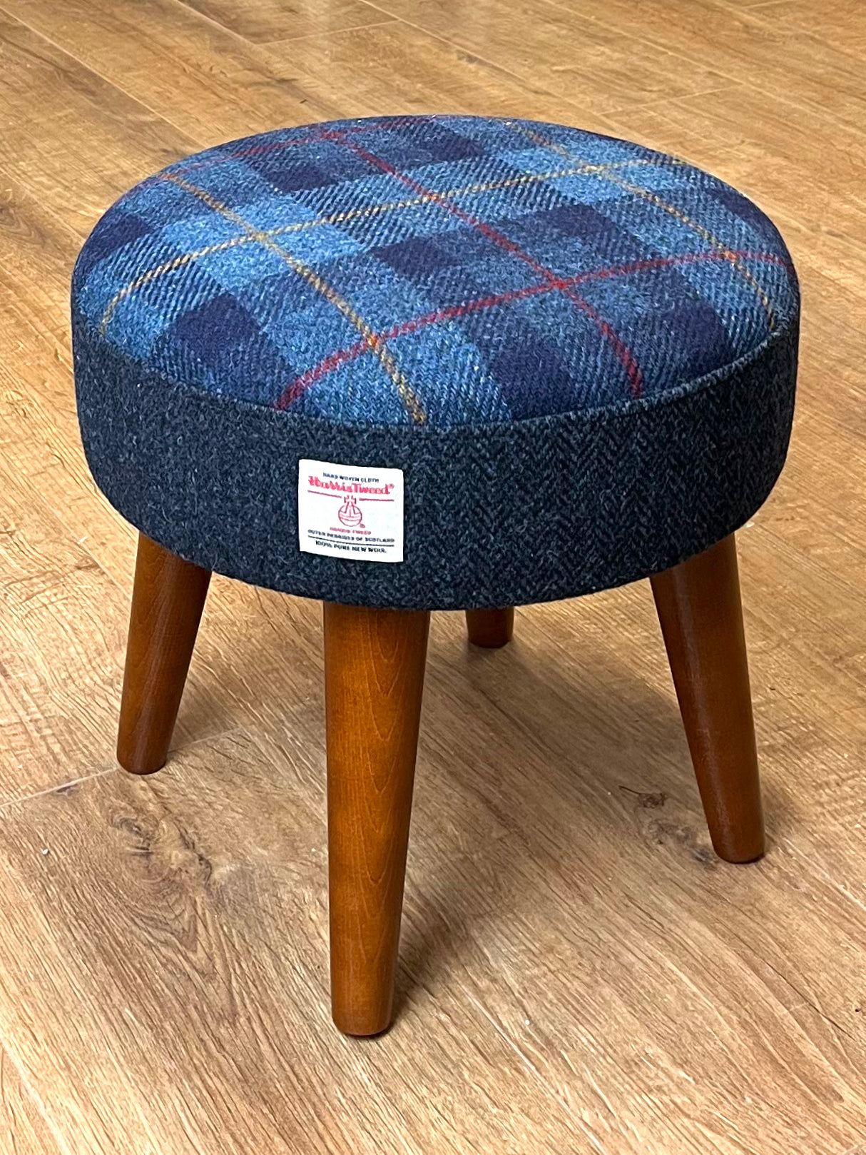 Small Tartan and Navy Blue Herringbone Harris Tweed Footstool