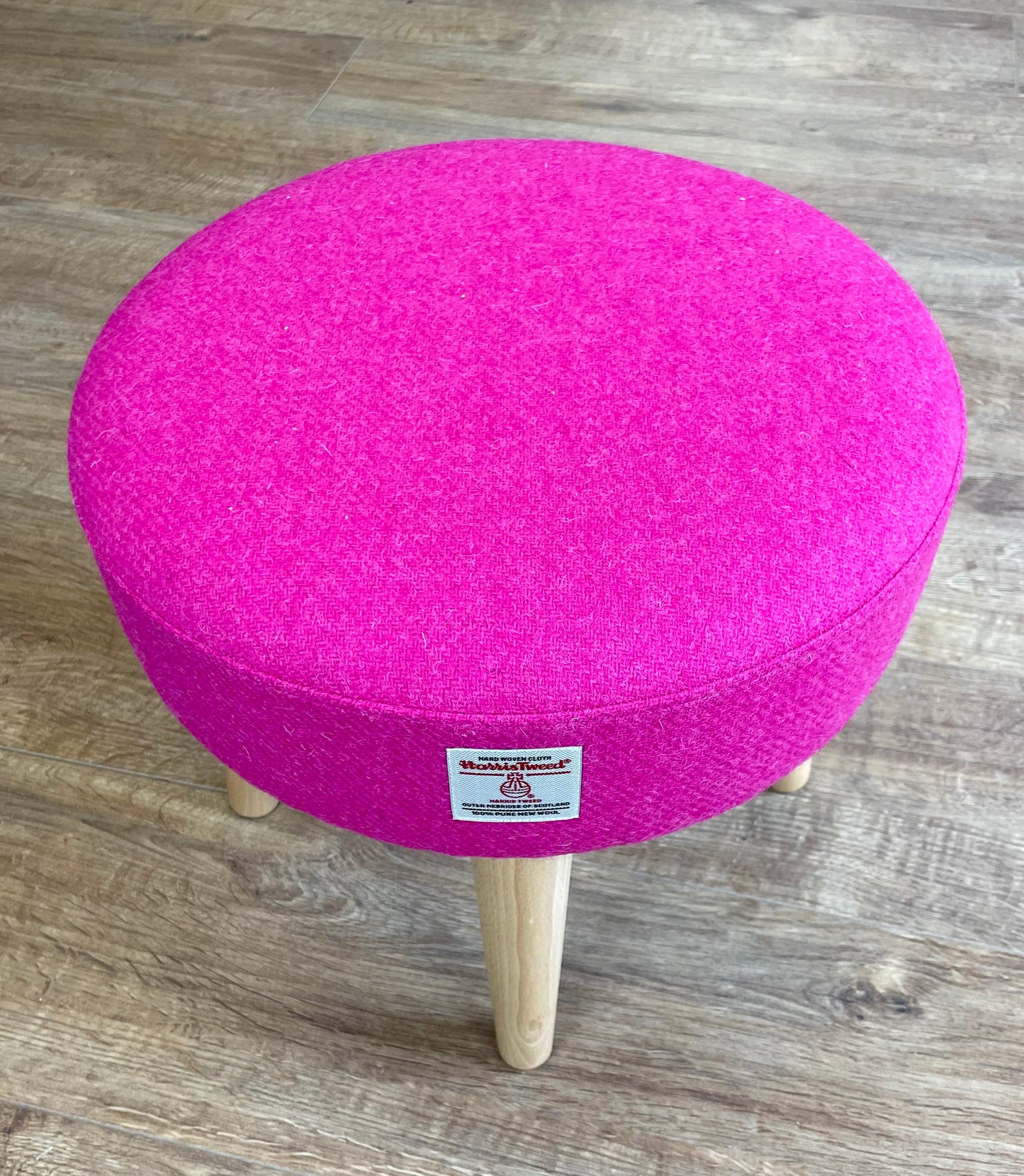 Bright Pink Harris Tweed Footstool with Varnished Wooden Legs