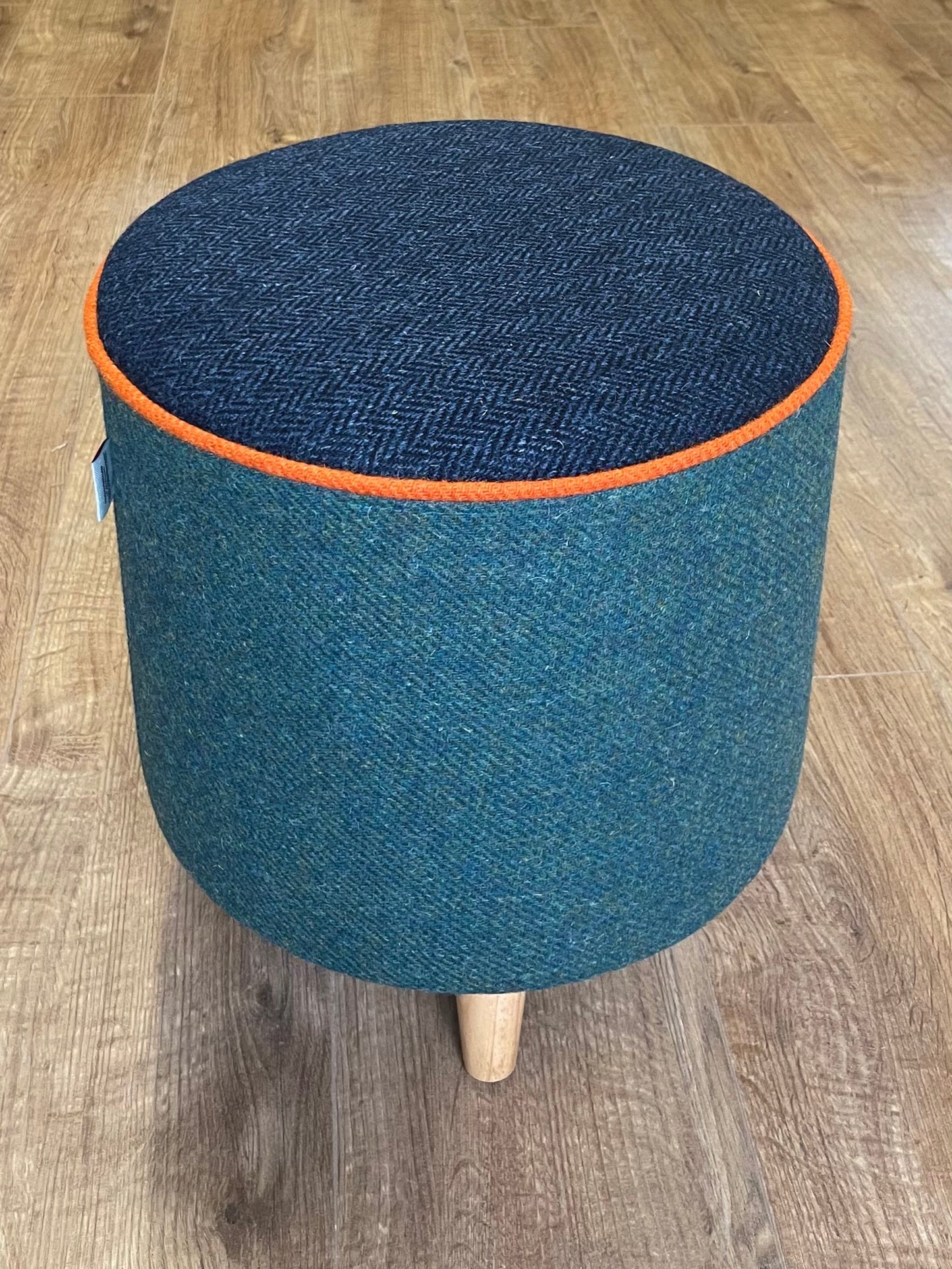 Green and Navy Harris Tweed Footstool with Orange Piping Detail