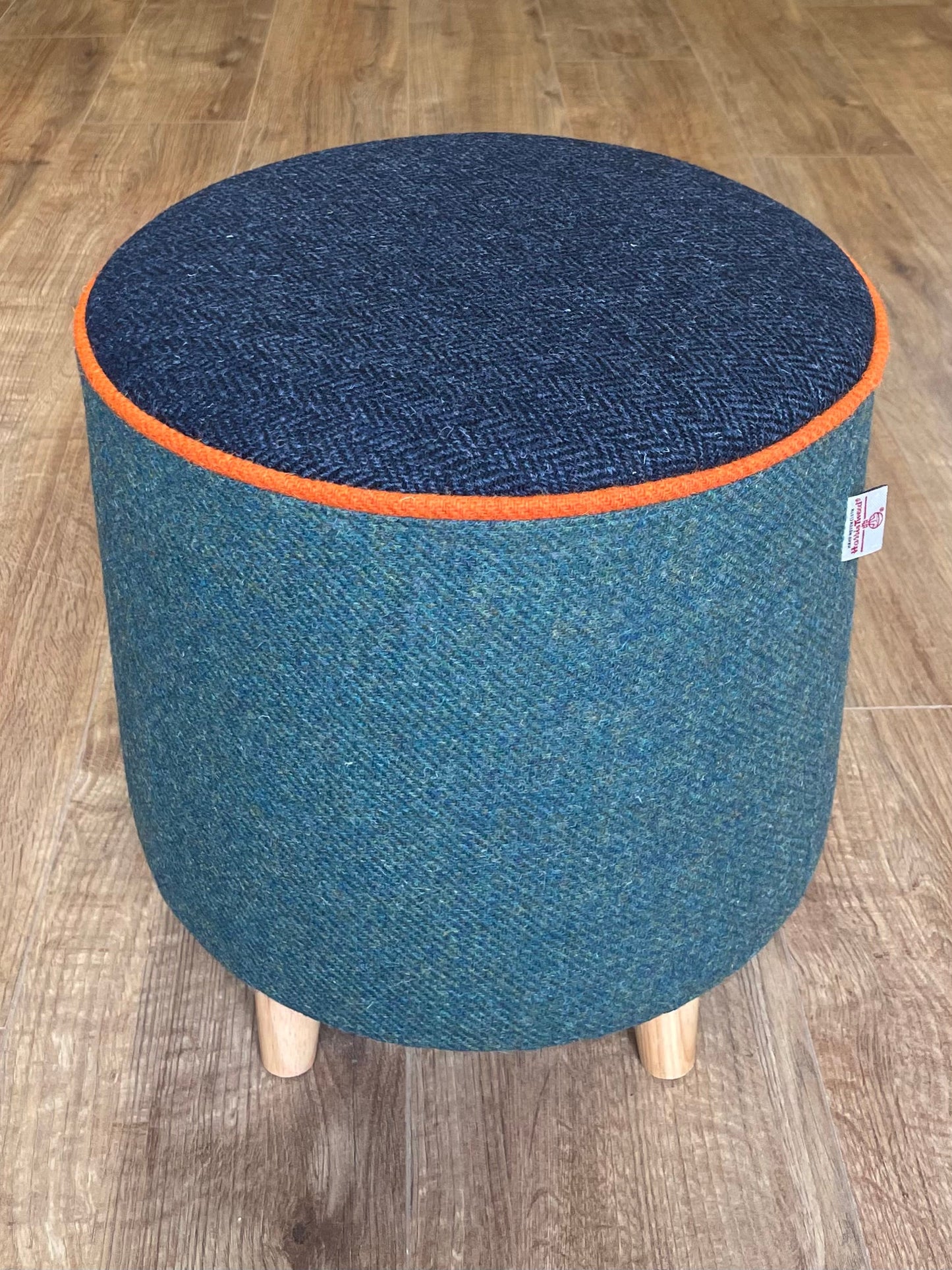 Green and Navy Harris Tweed Footstool with Orange Piping Detail