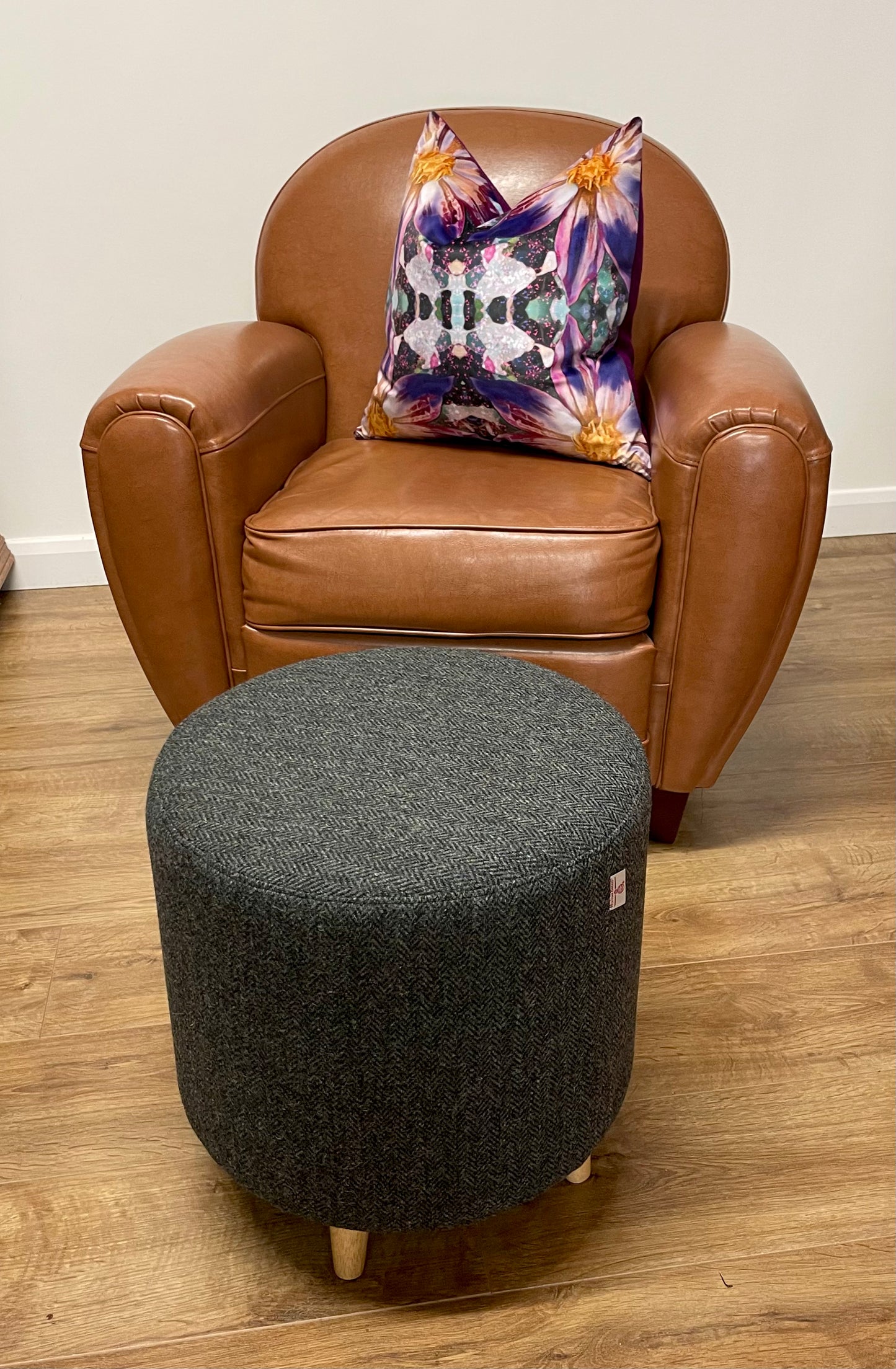 Charcoal Herringbone Harris Tweed Chunky Footstool