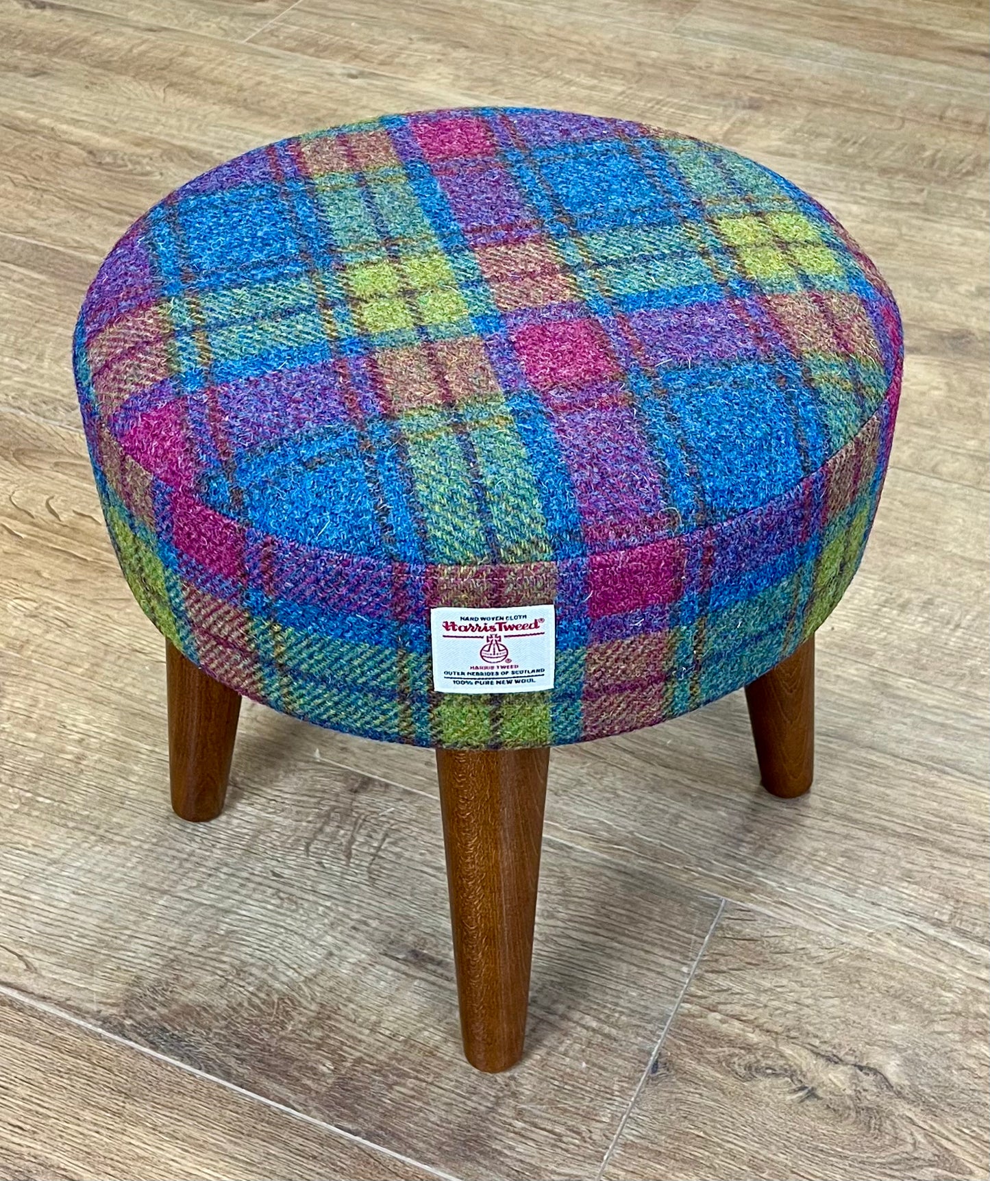 Colourful Tartan Harris Tweed Footstool with Dark Varnished Wooden Legs