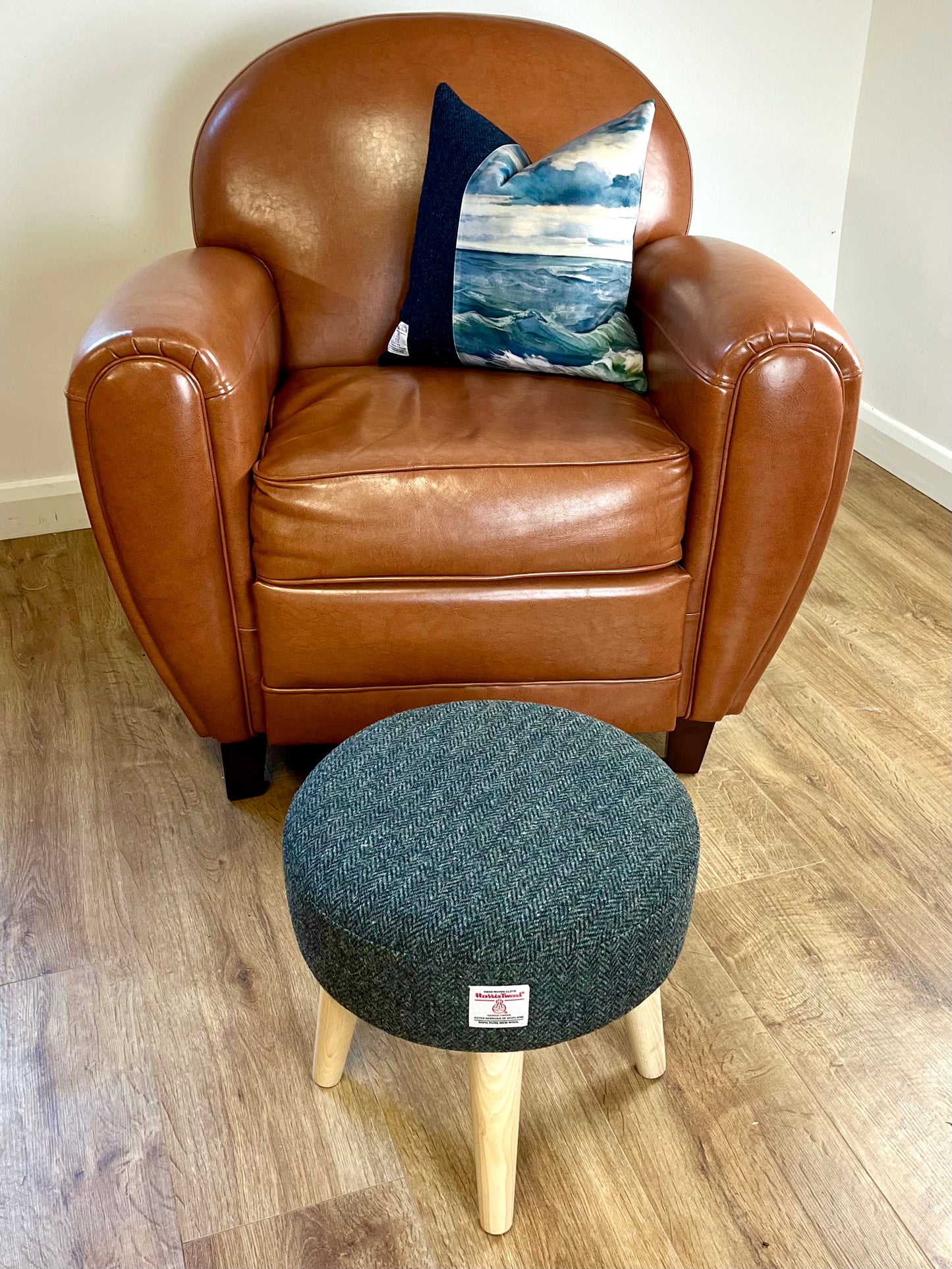 Charcoal Harris Tweed Footstool with Varnished Wooden Legs