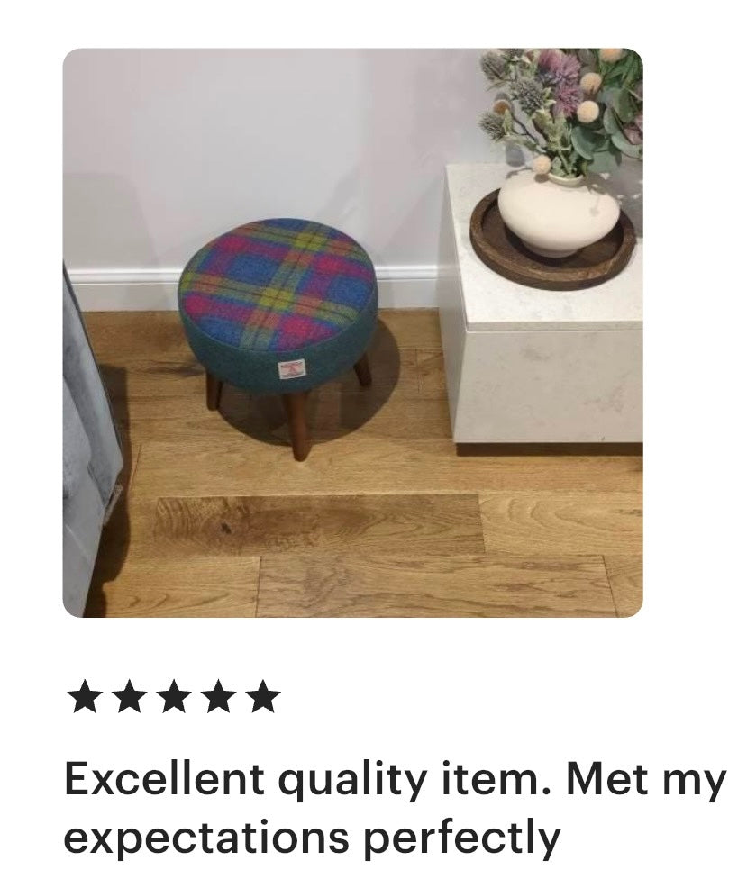 Colourful Tartan and Green Harris Tweed Footstool with Varnished Wooden Legs