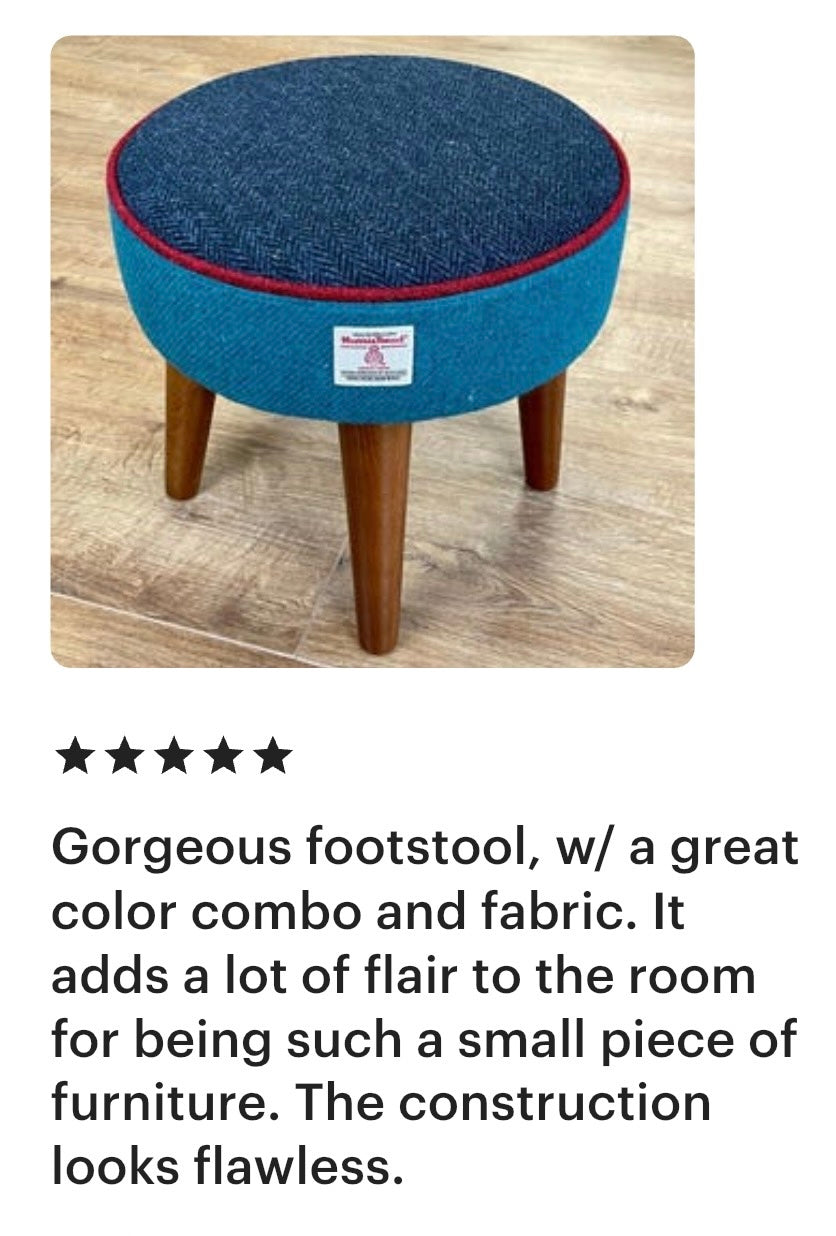 Navy and Teal Harris Tweed Footstool with Red Piping and Dark Varnished Wooden Legs