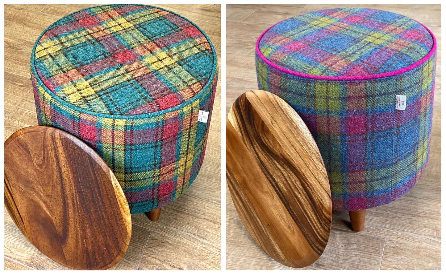 Tartan Harris Tweed Chunky Table Footstool with Green Piping and Removable Wooden Top