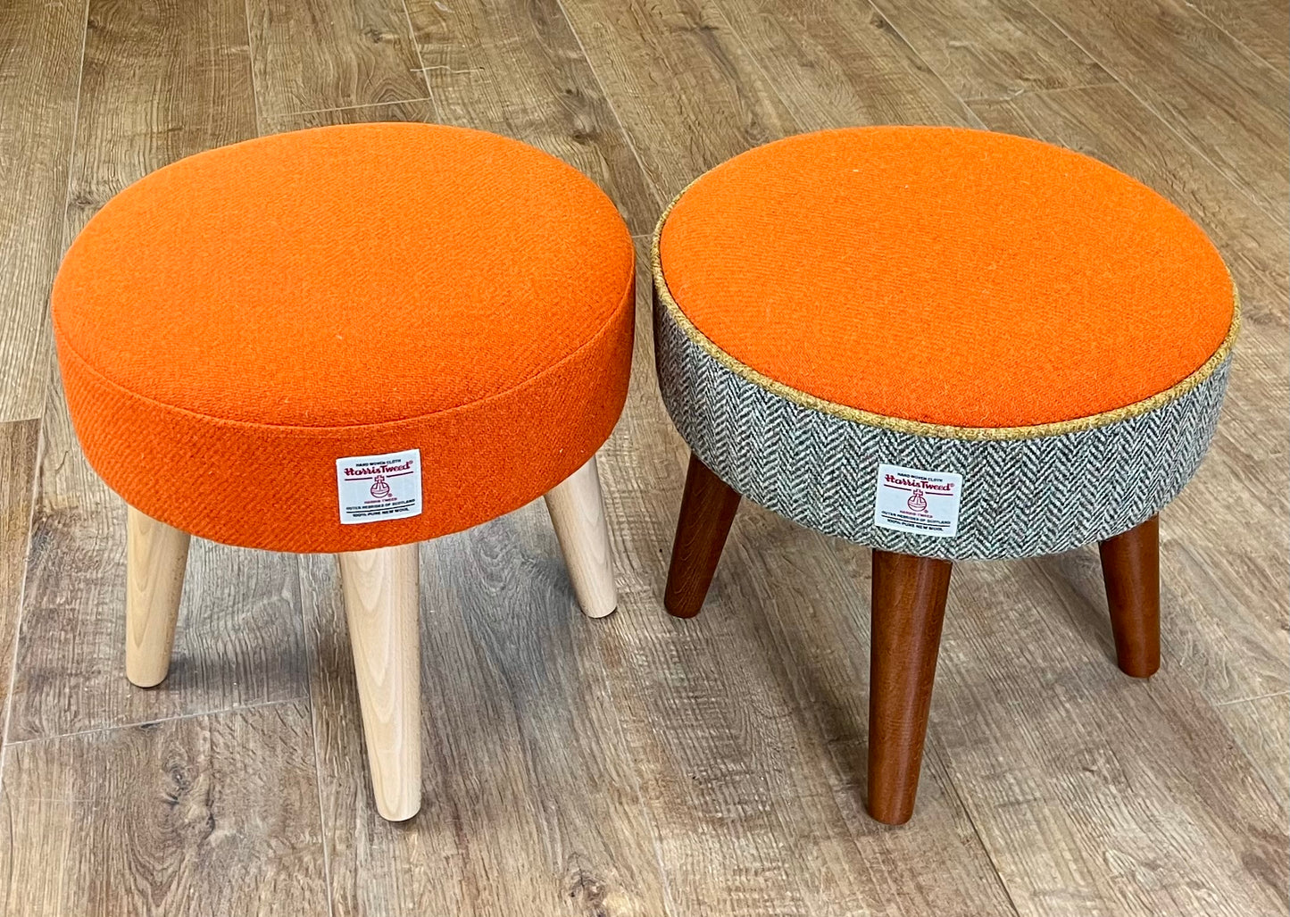 Orange and Herringbone Harris Tweed Footstool with Mustard Piping and Dark Varnished Wooden Legs