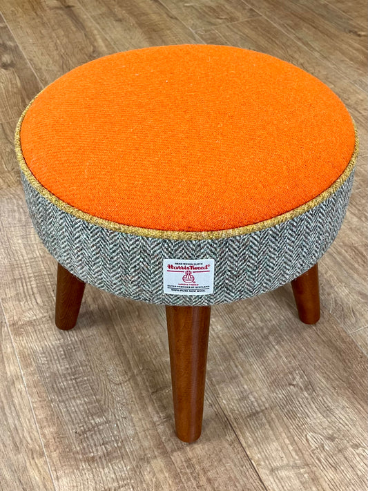 Orange and Brown Harris Tweed Footstool with Mustard Piping and Dark Varnished Wooden Legs