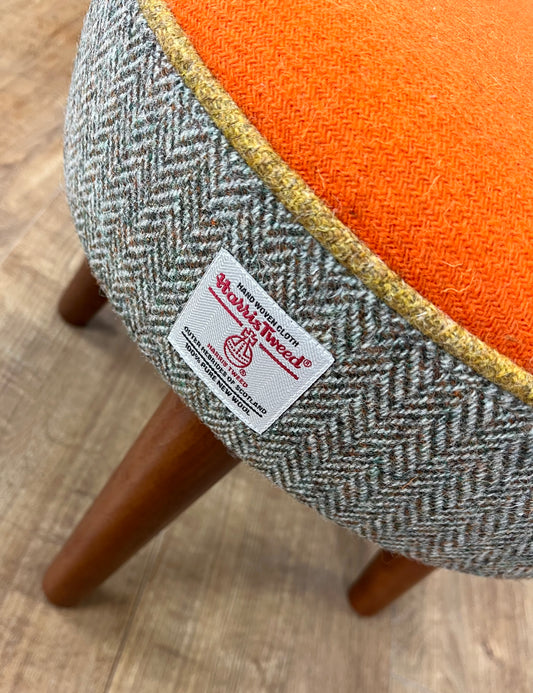 Orange and Brown Harris Tweed Footstool with Mustard Piping and Dark Varnished Wooden Legs