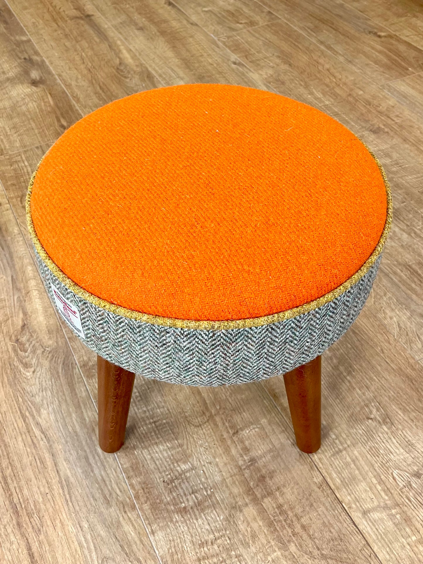 Orange and Herringbone Harris Tweed Footstool with Mustard Piping and Dark Varnished Wooden Legs
