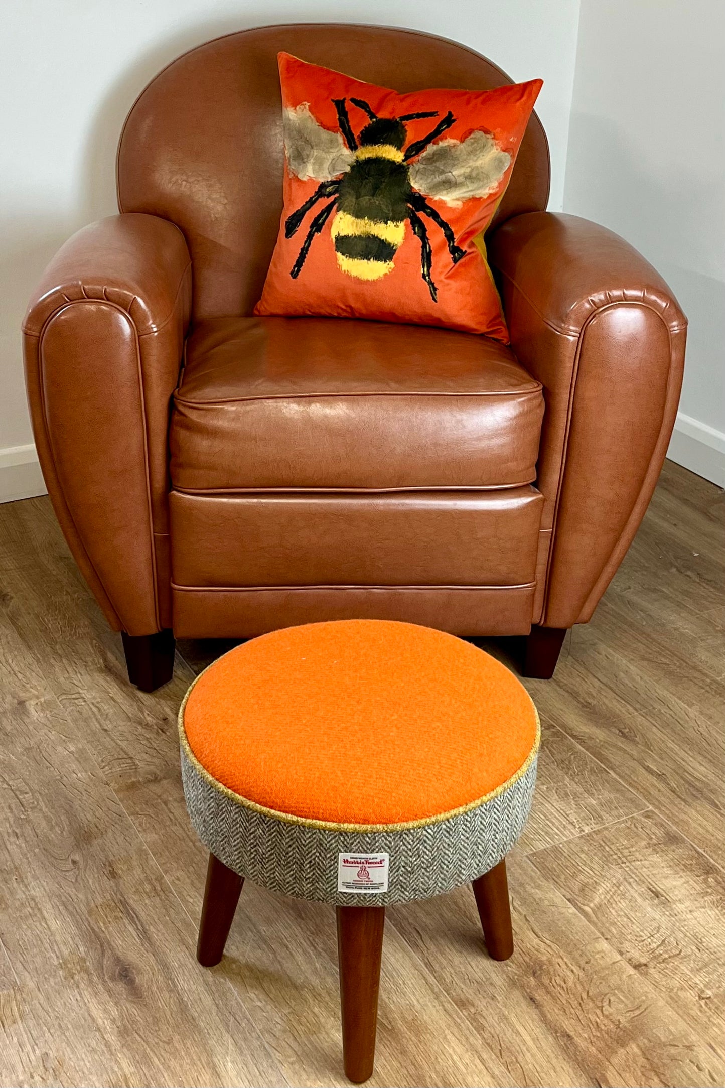 Orange and Herringbone Harris Tweed Footstool with Mustard Piping and Dark Varnished Wooden Legs