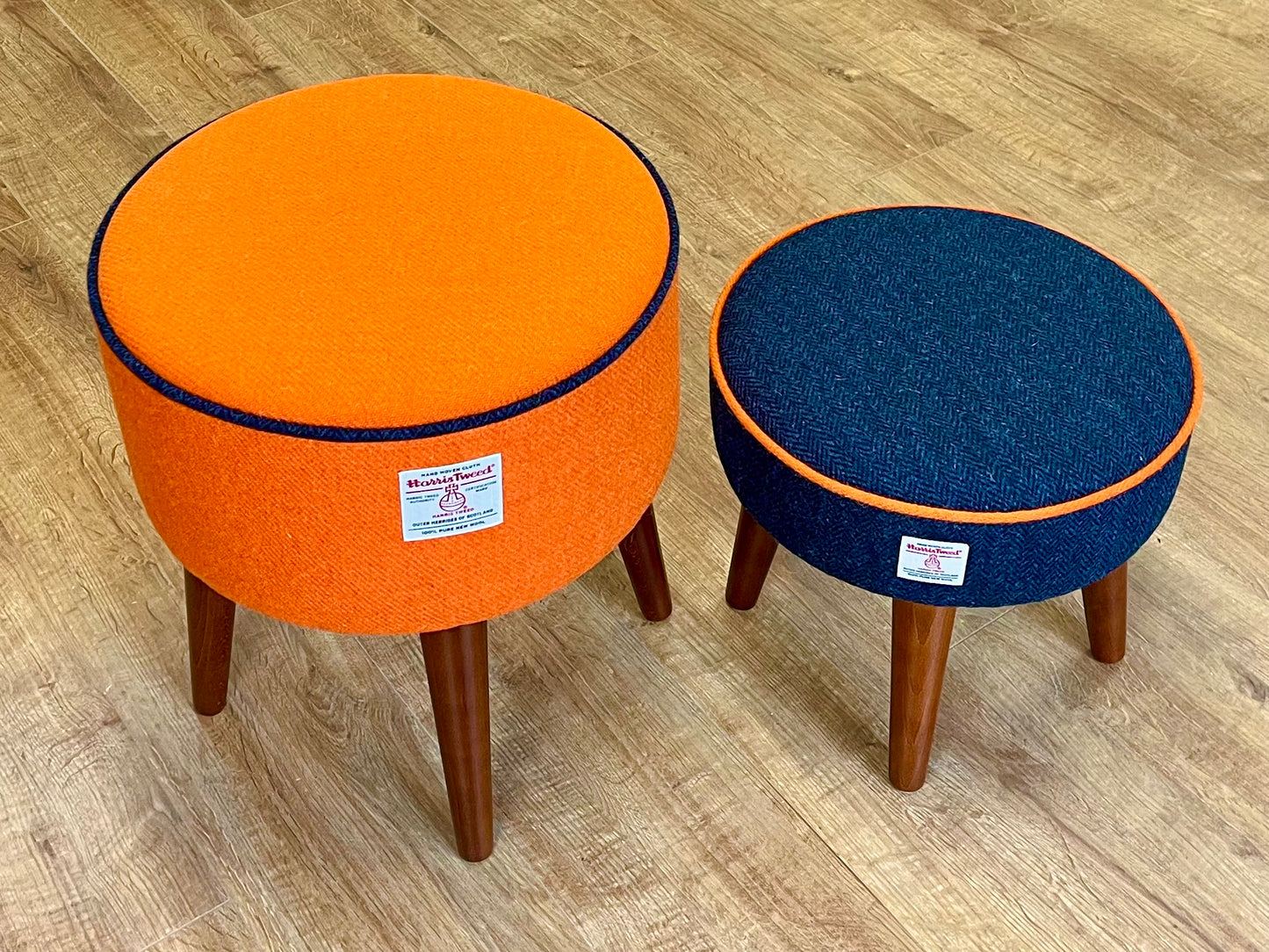 Navy Blue Harris Tweed Footstool with Orange Piping and Dark Varnished Wooden Legs