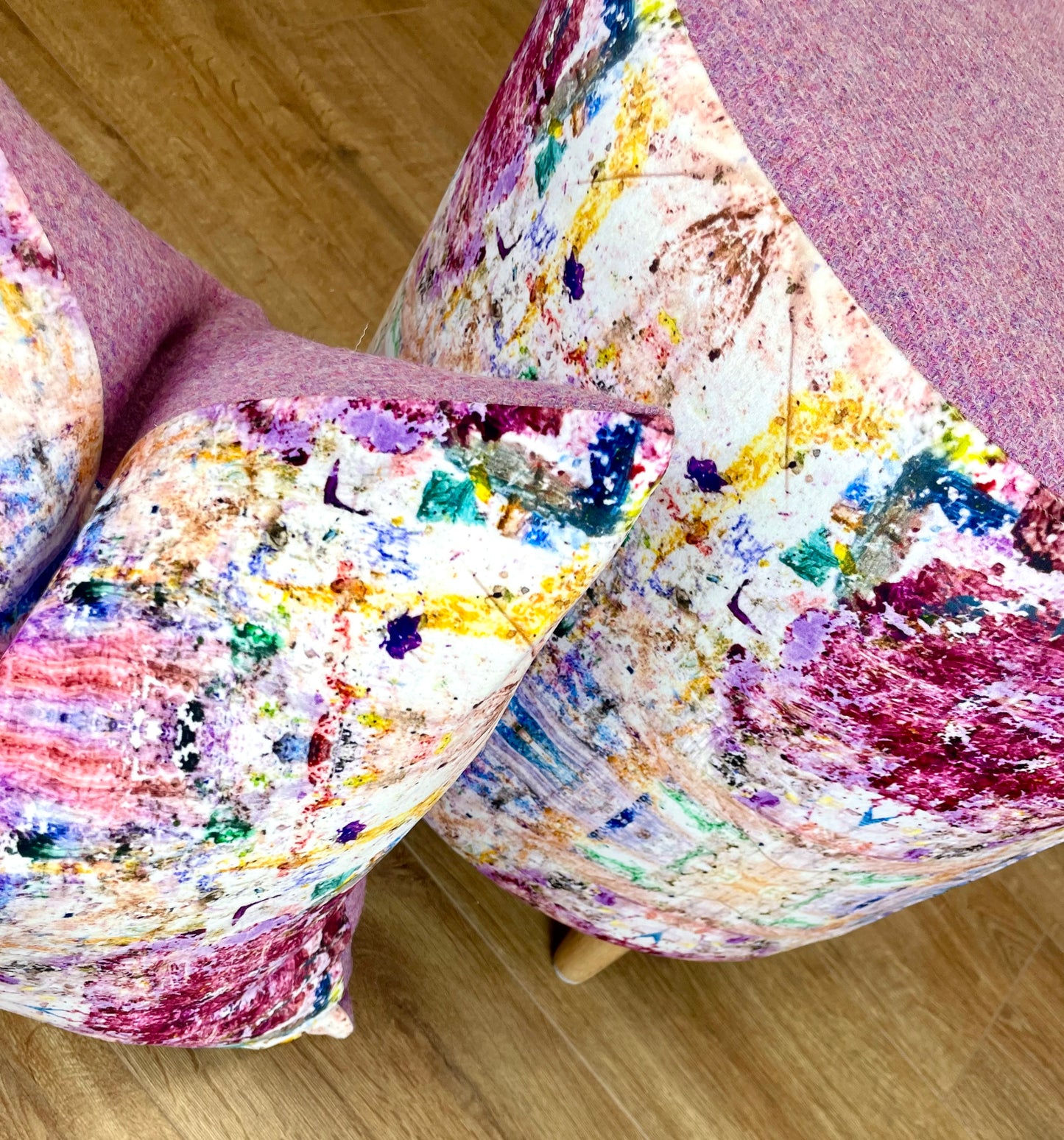Paint Spray Velvet Chunky Footstool with Pink Lilac Harris Tweed