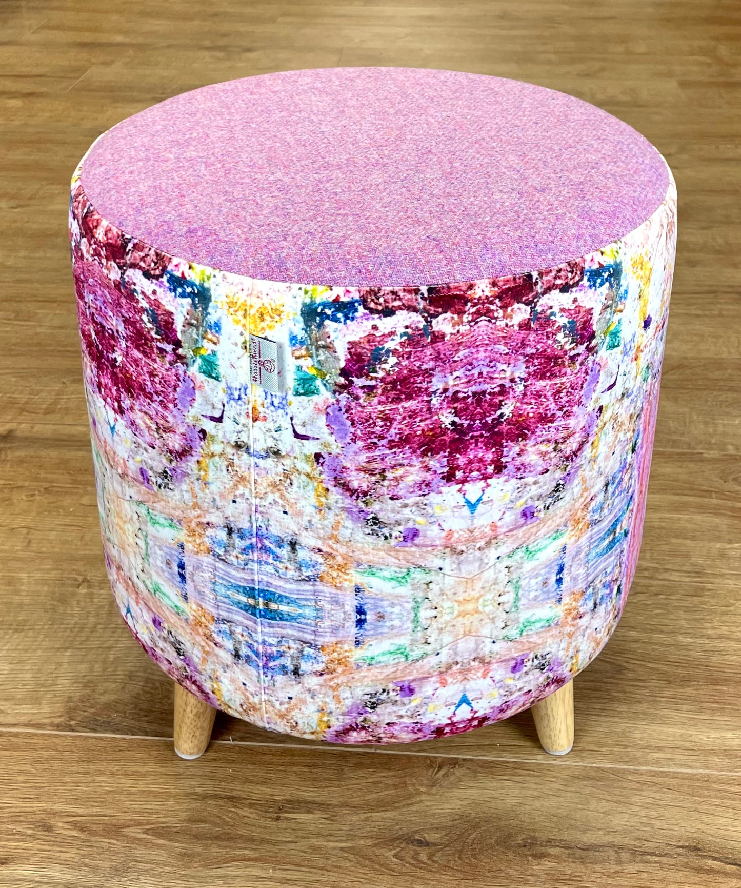 Paint Spray Velvet Chunky Footstool with Pink Lilac Harris Tweed
