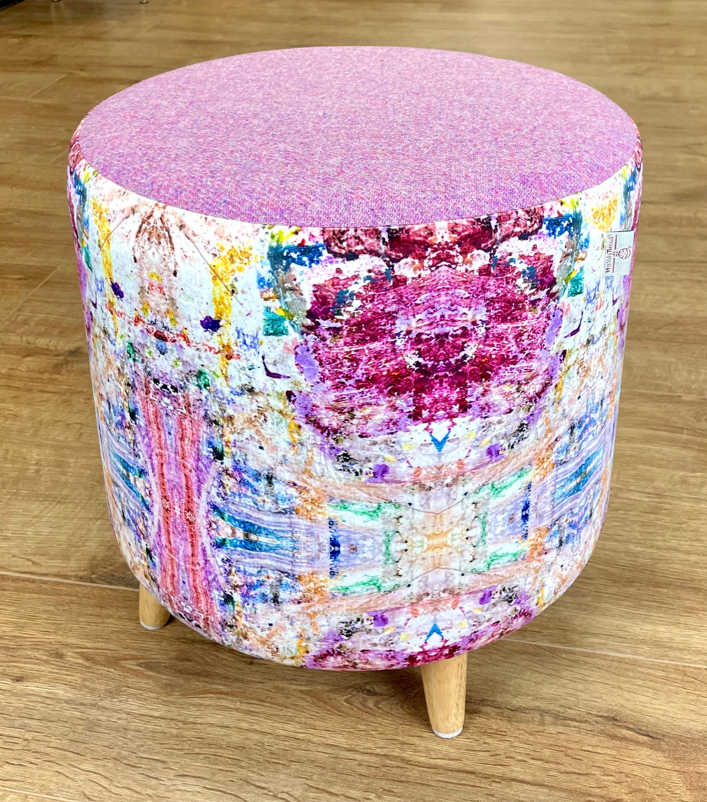 Paint Spray Velvet Chunky Footstool with Pink Lilac Harris Tweed