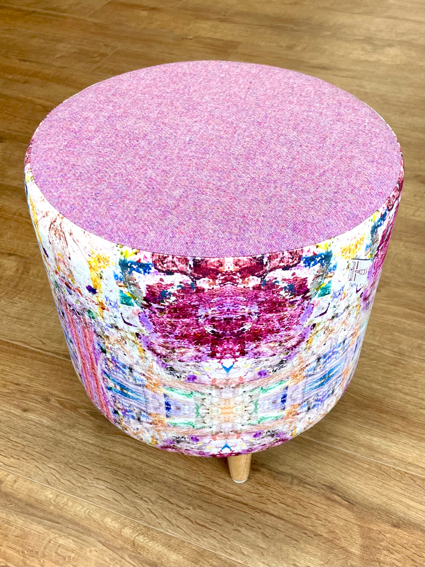 Paint Spray Velvet Chunky Footstool with Pink Lilac Harris Tweed