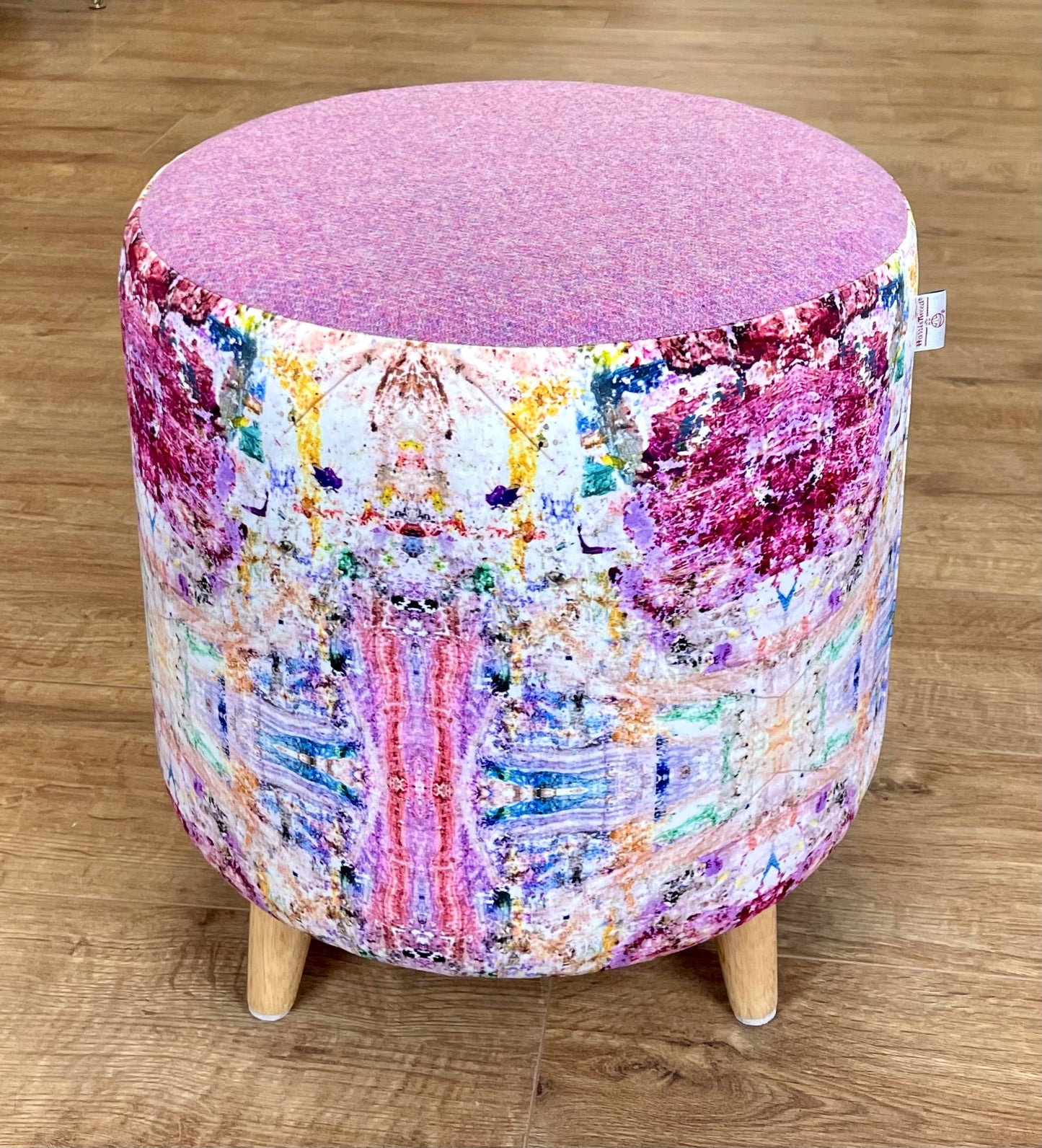 Paint Spray Velvet Chunky Footstool with Pink Lilac Harris Tweed