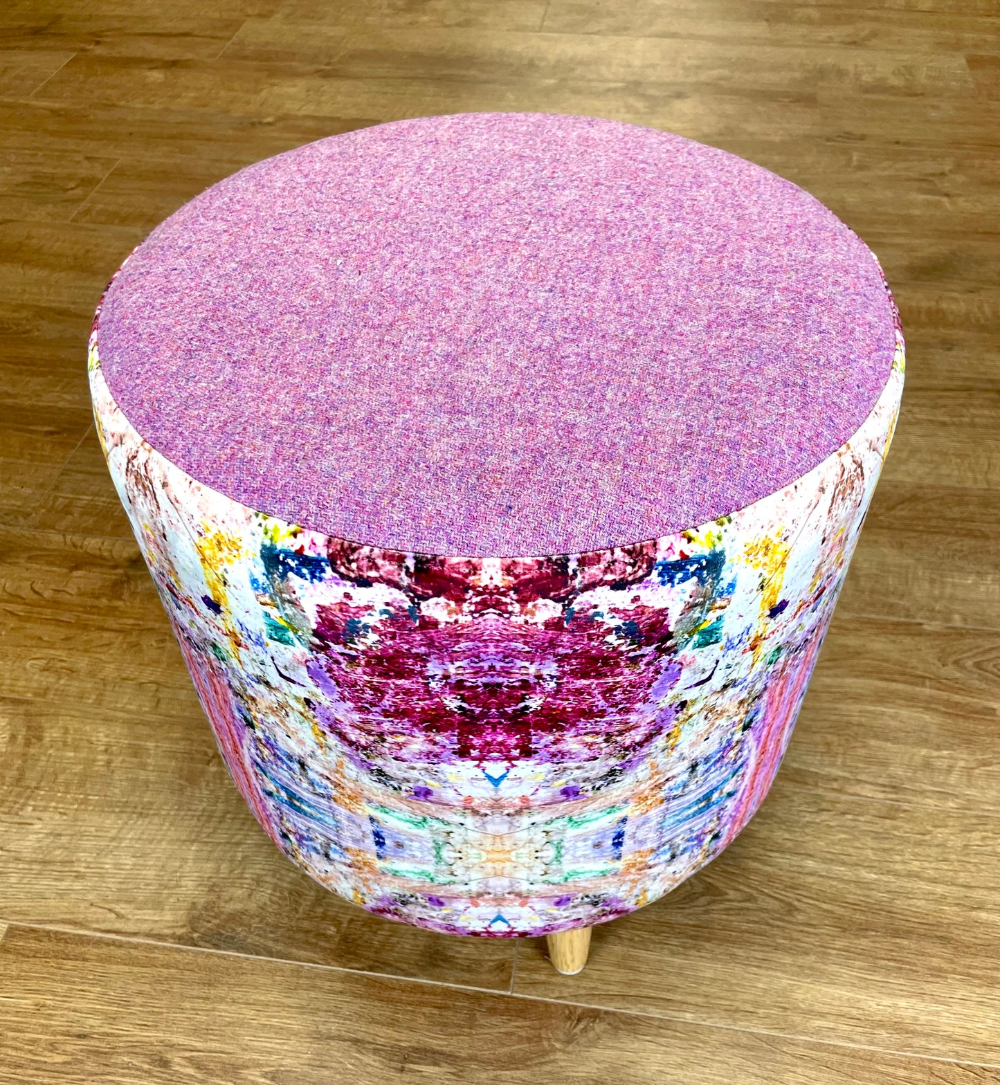 Paint Spray Velvet Chunky Footstool with Pink Lilac Harris Tweed