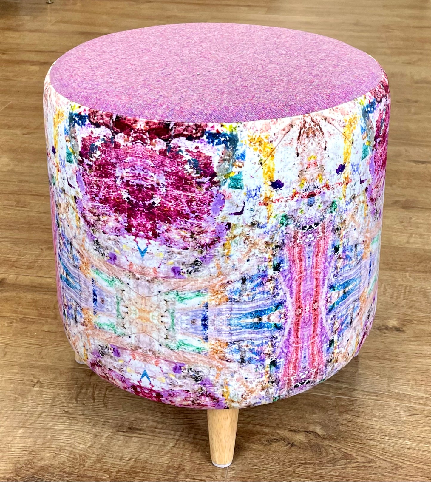 Paint Spray Velvet Chunky Footstool with Pink Lilac Harris Tweed