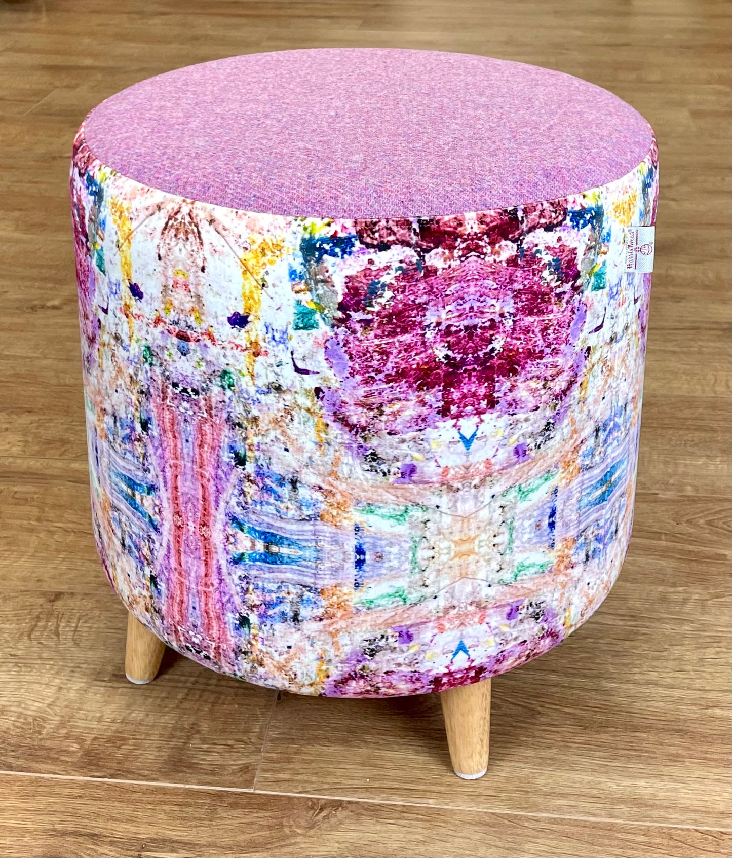 Paint Spray Velvet Chunky Footstool with Pink Lilac Harris Tweed