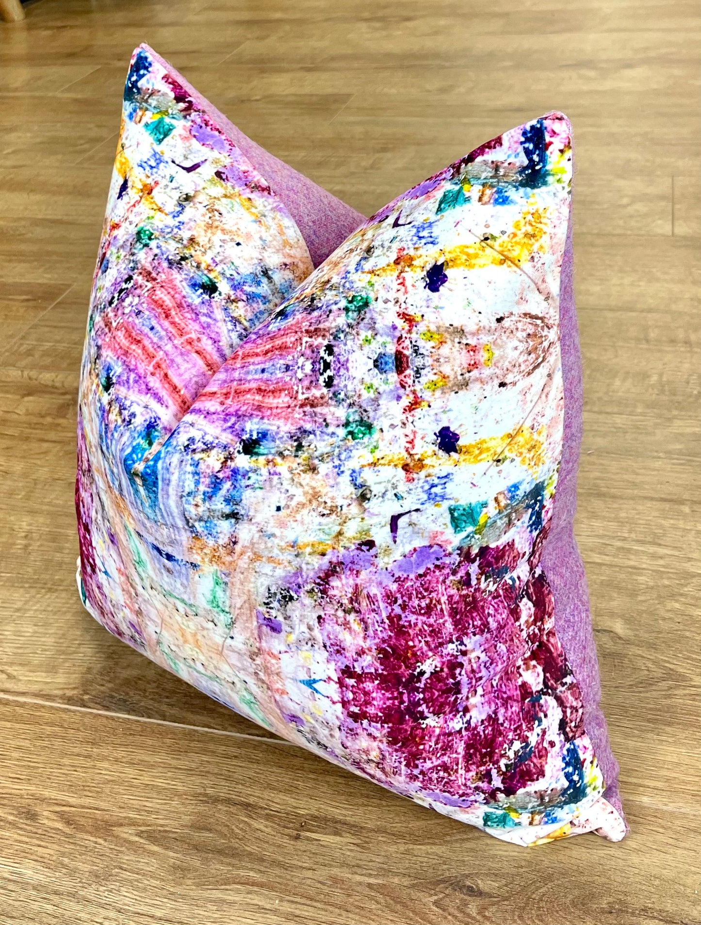 Paint Spray Velvet and Pink Harris Tweed Cushion 18”