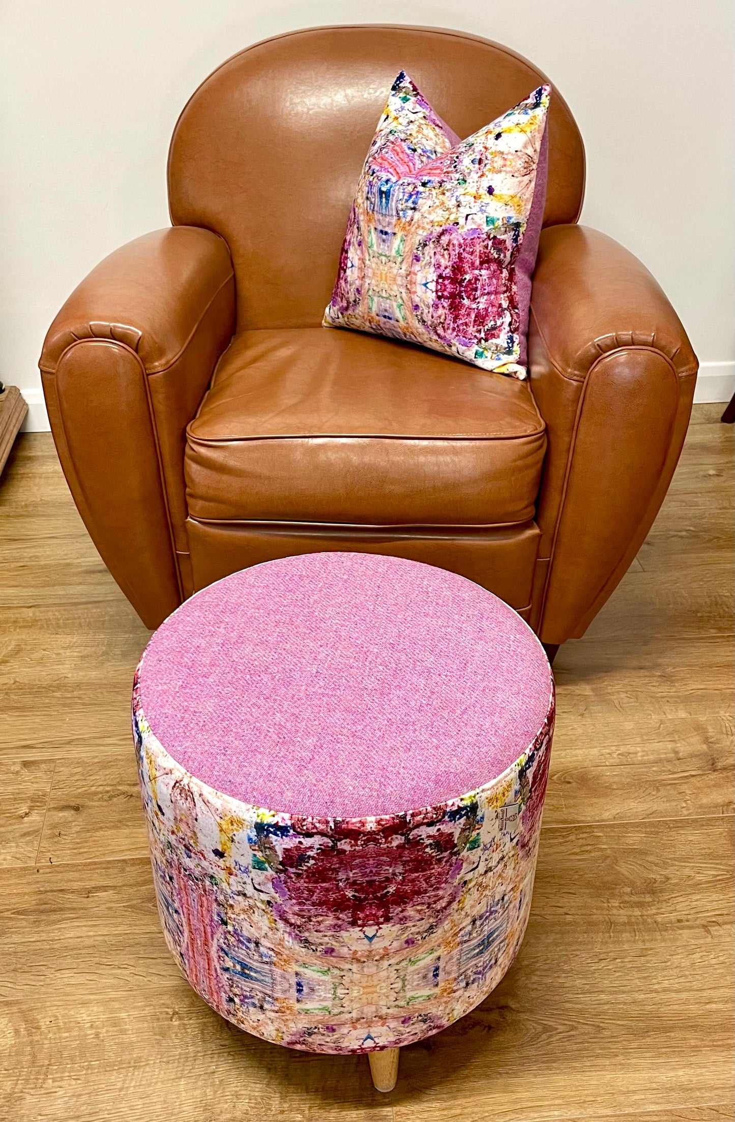 Paint Spray Velvet Chunky Footstool with Pink Lilac Harris Tweed
