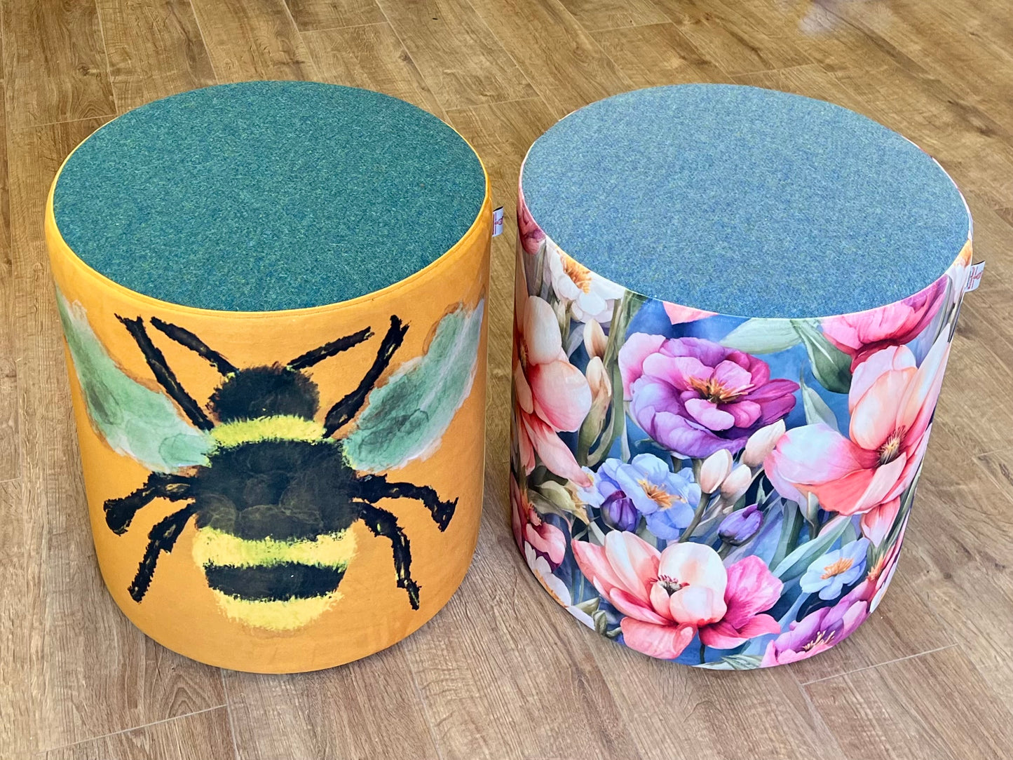 Flower Garden Velvet and Light Blue Harris Tweed Large Chunky Stool