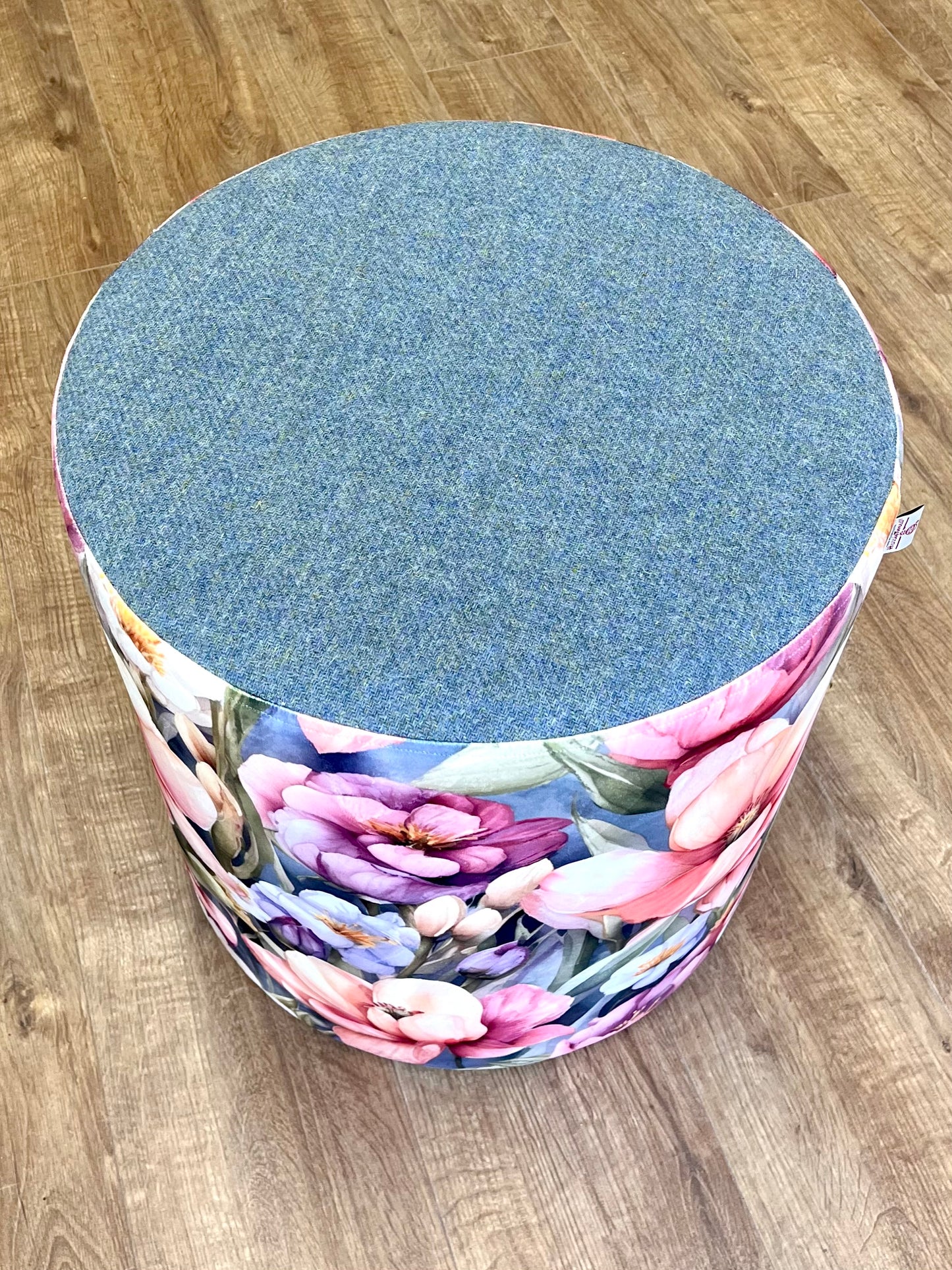 Flower Garden Velvet and Light Blue Harris Tweed Large Chunky Stool