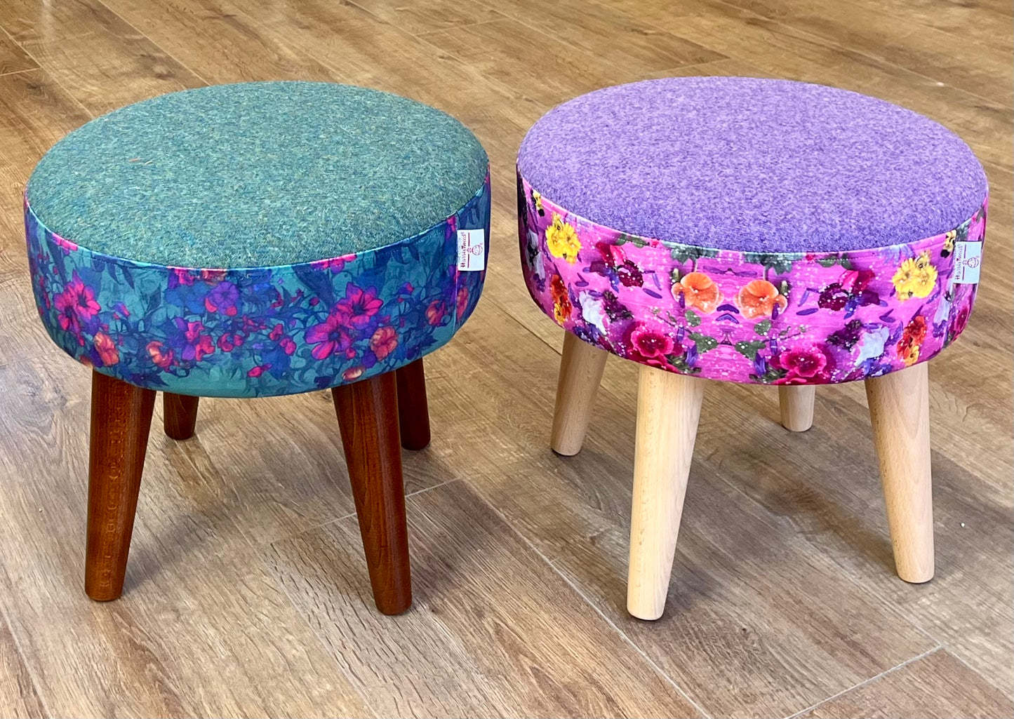 Pink Floral Velvet and Lilac Harris Tweed Small Footstool